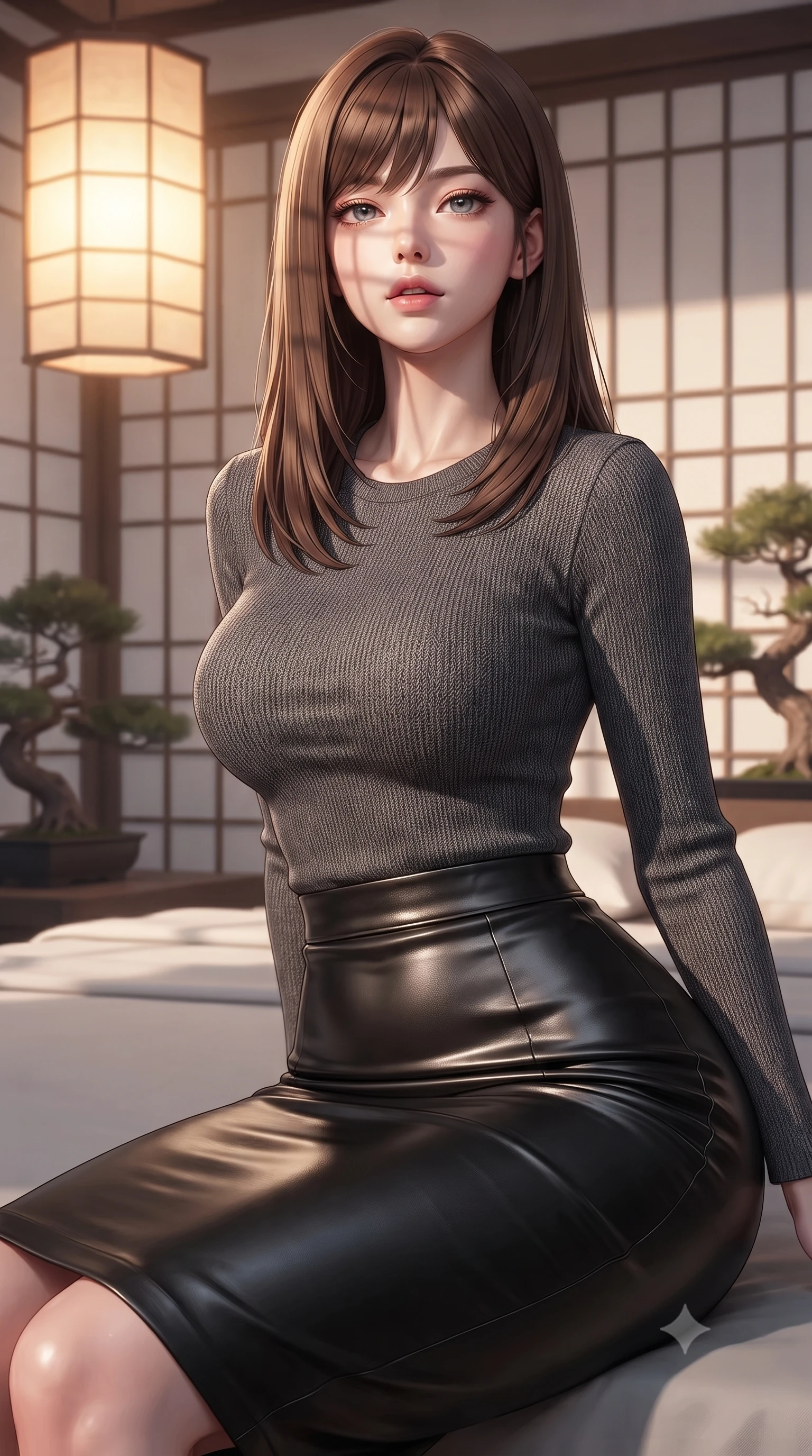score_9, masterpiece, best quality, ultra-detailed, high-budget anime keyframe, editorial fashion photography, tasteful artistic composition, Korean woman woman. close-up cowboy shot from the waist and thighs up, the character dominates the composition, filling the frame with her large presence, background elements kept in soft focus. tilting her chin up slightly with lips parted in a composed, provocative expression the background shows a soft-focus a modern bedroom decorated with folding paper screens and bonsai plants. She has an exceptionally elegant, slender, and willowy female figure with an ultra-slim waist, a gracefully sculpted slender torso, and a refined silhouette. sharp v-shaped jawline, high-bridge nose, intricate jewel-like eyes with depth, thick eyelashes, glossy lips with a natural sheen. wearing a tailored body-hugging knit top in charcoal grey, paired with a tight-fitting leather midi skirt. warm glowing paper lanterns casting soft, diffused grid-like shadow lines. ultra-reflective glossy finish, specular highlights, metallic sheen, high-contrast stereoscopic depth, volumetric dynamic lighting, 2k, ultra detail, master piece, 9:16 ratio