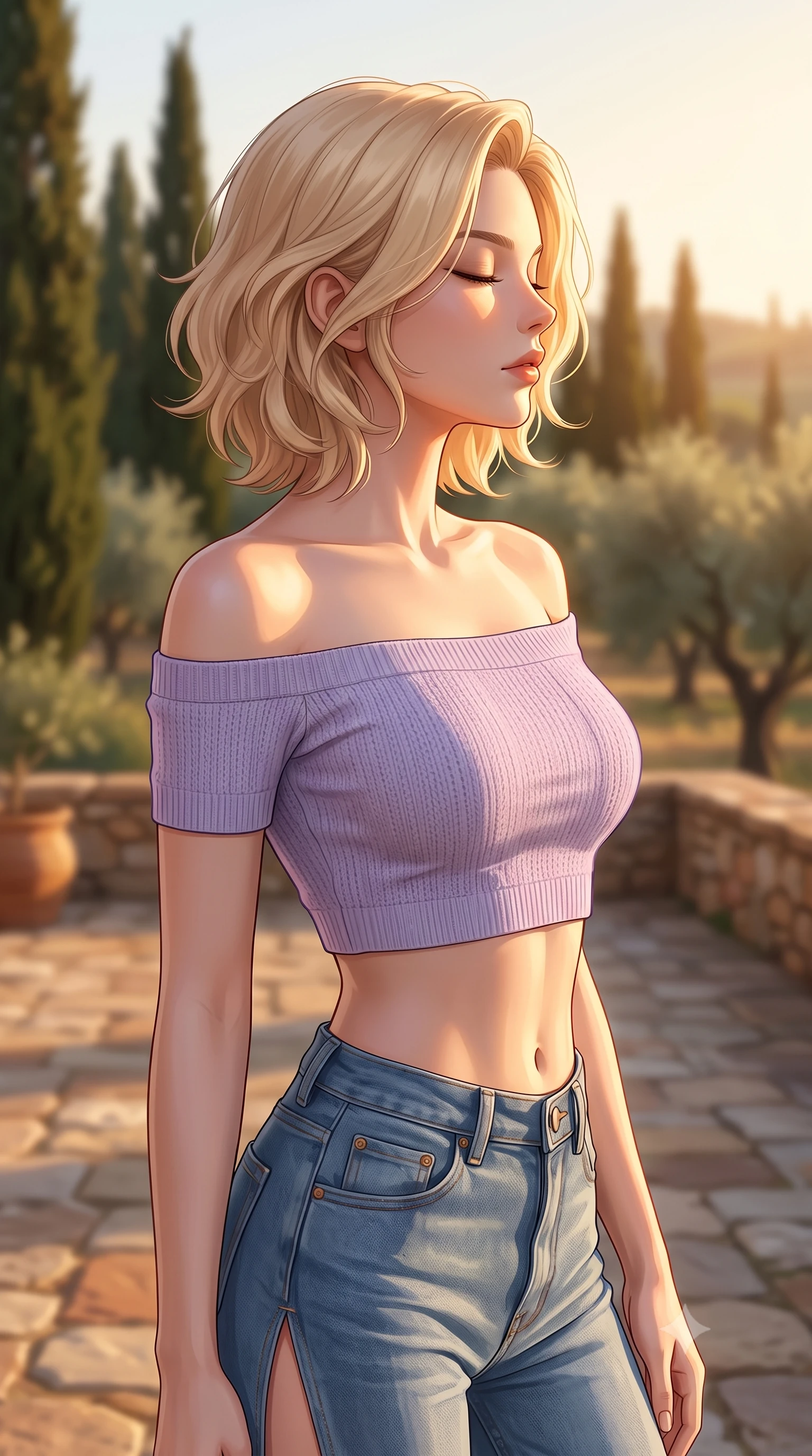 score_9, masterpiece, best quality, ultra-detailed, high-budget anime keyframe, editorial fashion photography, tasteful artistic composition, Caucasian woman woman. close-up cowboy shot from the waist and thighs up, the character dominates the composition, filling the frame with her large presence, background elements kept in soft focus. turning her face in profile to catch the warm sunlight on her cheek, eyes softly closed the background shows a soft-focus a rustic stone patio of a Tuscan villa surrounded by cypress trees and olive orchards. She has an exceptionally elegant, slender, and willowy female figure with an ultra-slim waist, a gracefully sculpted slender torso, and a refined silhouette. sharp v-shaped jawline, high-bridge nose, intricate jewel-like eyes with depth, thick eyelashes, glossy lips with a natural sheen. wearing a tailored off-shoulder knit crop top in lavender, paired with high-slit denim jeans. warm golden hour sunbeams bathing the stone structure in an amber wash. 2k, ultra detail, master piece, 9:16 ratio