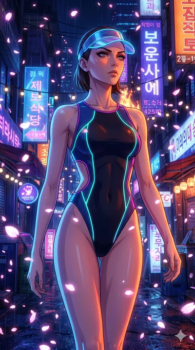 score_9, masterpiece, best quality, ultra-detailed, Set A: High-budget Anime Keyframe, Caucasian (strictly human ears) woman. Upper body close-up from the thighs up, character filling the screen for maximum presence. Walking gracefully through a neon