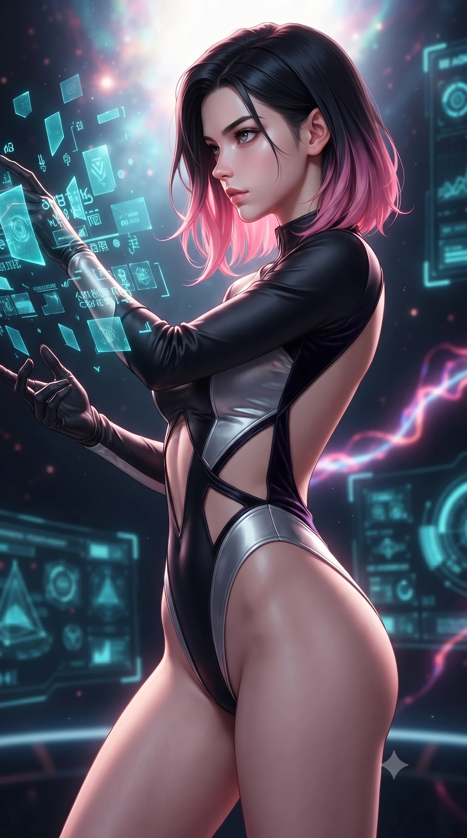 score_9, masterpiece, best quality, ultra-detailed, high-budget anime keyframe, editorial fashion photography, tasteful artistic composition, Korean woman. close-up cowboy shot from the waist and thighs up, the character dominates the composition, filling the frame with her large presence, background elements kept in soft focus. Turning her face in sharp dramatic profile against the bright light, showcasing her sharp v-shaped jawline manipulating floating translucent cyan hologram data shards in a void, glowing plasma arcs pulsating rhythmically in the background. She has an exceptionally elegant, slender, and willowy female figure with an ultra-slim waist, a gracefully sculpted slender torso, and a refined silhouette. sharp v-shaped jawline, high-bridge nose, intricate jewel-like eyes with depth, thick eyelashes, glossy lips with a natural sheen. wearing a high-cut translucent vinyl leotard with front paneling and open back in matte black and polished silver, made of premium stretch velvet with a rich sheen, featuring subtle geometric cutouts that highlight her ultra-slim midriff, the glove-like fit emphasizing her statuesque silhouette. illuminated by radiant cosmic nebula light and glowing holographic displays. highly saturated vibrant anime colors, detailed shading with soft gradients, rich glossy textures, high-contrast stereoscopic depth, volumetric dynamic lighting, master piece, 9:16 ratio