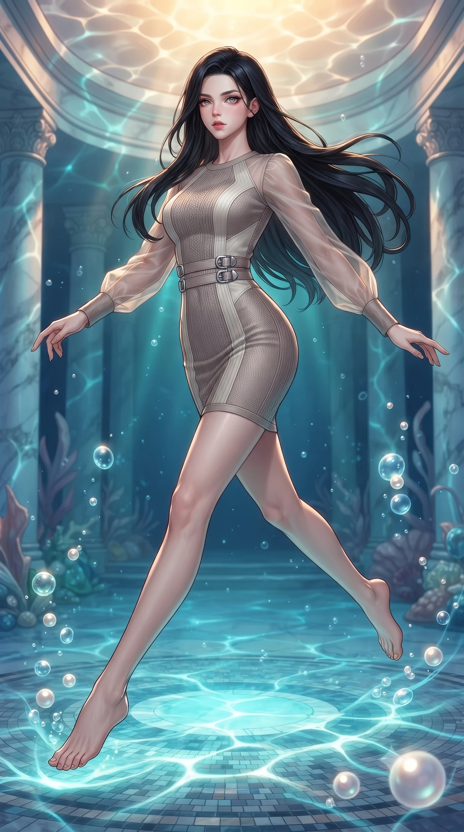 score_9, masterpiece, best quality, ultra-detailed, high-budget anime keyframe, editorial fashion photography, tasteful artistic composition, Korean woman. low angle full-body shot from head to toe showing her feet, filling the entire 9:16 vertical frame with her statuesque presence, stretching her vertical silhouette. leaping gracefully through the environment with statuesque elegance and long slender legs gliding over a mosaic marble floor illuminated by caustic water ripples, rising bioluminescent bubbles casting soft pearl-like highlights. She has an absolutely perfect, statuesque 8.5-heads proportion, an exceptionally tall and slender model-like female figure with impossibly long slender legs and an ultra-slim waist. sharp v-shaped jawline, high-bridge nose, intricate jewel-like eyes with depth, thick eyelashes, glossy lips with a natural sheen. wearing a sleek bodycon knit dress with sheer organza sleeve panels in muted taupe and soft ivory, woven from fine semi-opaque sheer organza, detailed with polished silver buckles along the waistline, the tailored fabric tightly following every curve of her athletic build. illuminated by luminous aqua bioluminescence and warm golden top lighting. highly saturated vibrant anime colors, detailed shading with soft gradients, rich glossy textures, high-contrast stereoscopic depth, volumetric dynamic lighting, master piece, 9:16 ratio