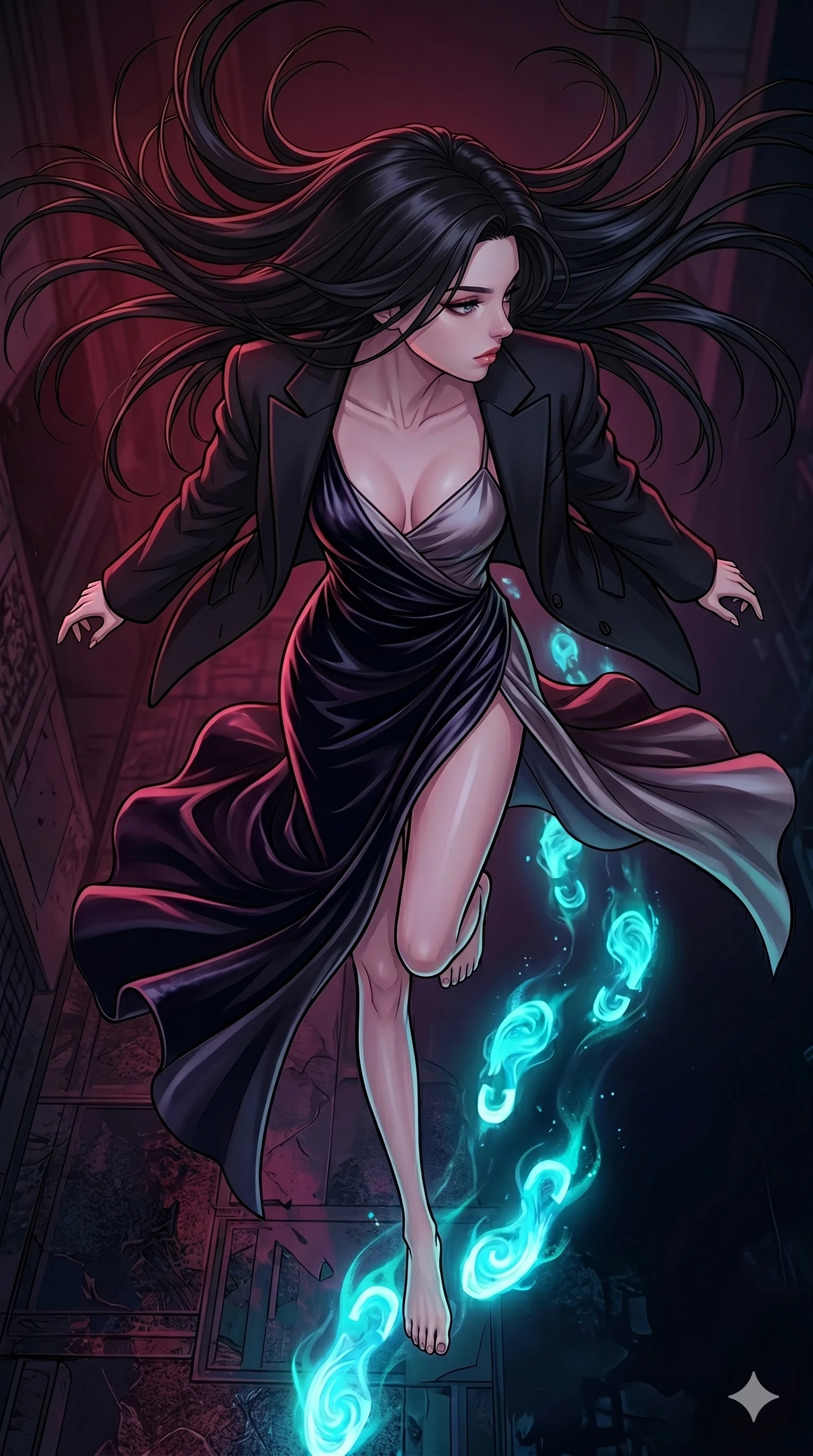score_9, masterpiece, best quality, ultra-detailed, high-budget anime movie keyframe, cinematic anime lighting, intricate line art, Korean woman. Extreme high angle shot as she leaps towards the camera, filling the frame. looking back at her own footprints which are glowing in the dark. She has an absolutely perfect 8-heads proportion, an exceptionally tall and slender female figure with an ultra-slim waist and impossibly long slender legs. strictly human anatomy, two legs only, no extra limbs, clearly defined legs and arms, perfect anatomy, perfect hands and fingers. sharp v-shaped jawline, high-bridge nose, intricate jewel-like eyes, thick eyelashes, glossy lips. Wearing High-Fashion Editorial: Silk slip dress with high side slit, backless velvet gown, and structured blazer with nothing underneath. The scene is illuminated by dramatic atmospheric lighting and vibrant color palettes. , 2k, ultra detail, master piece, 9:16 ratio