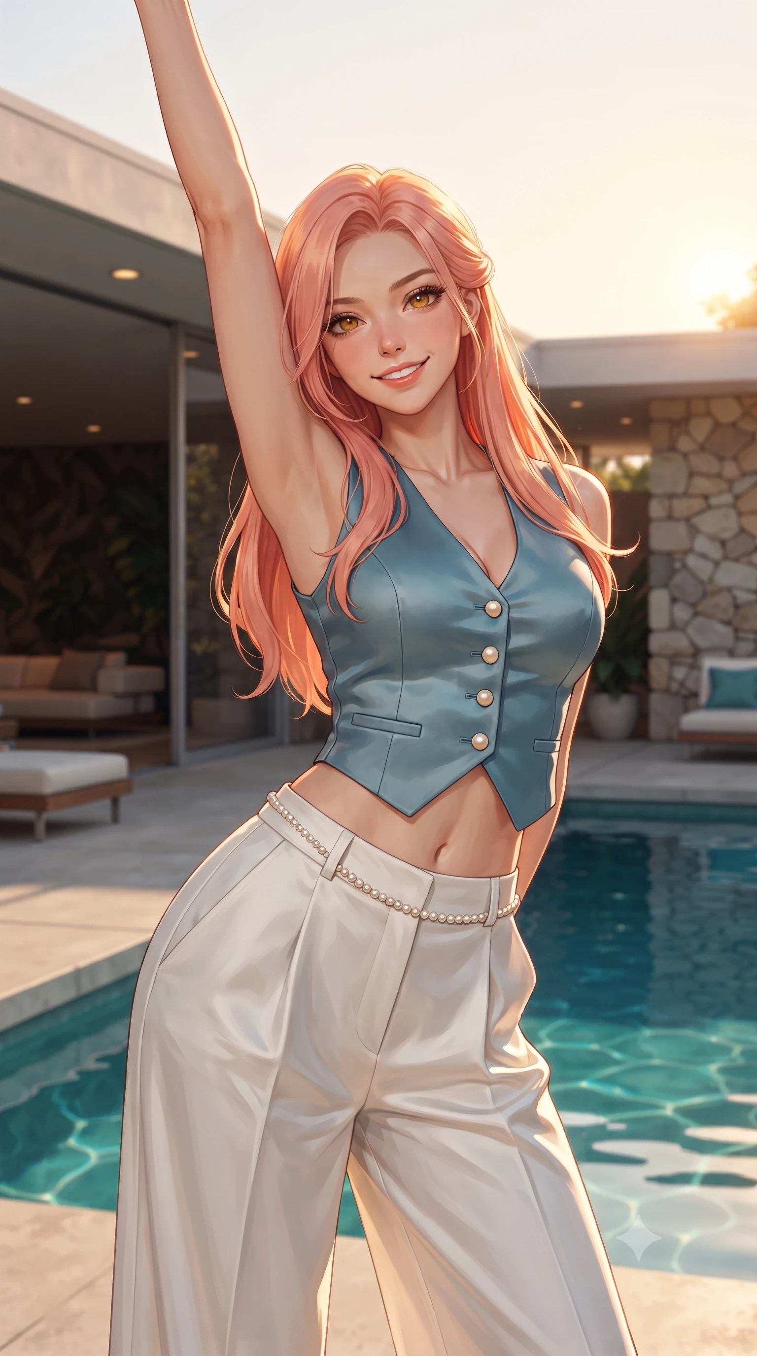 score_9, masterpiece, best quality, ultra-detailed, high-budget anime keyframe, editorial fashion photography, tasteful artistic composition, Japanese woman. close-up cowboy shot from the waist and thighs up, the character dominates the composition, filling the frame with her large presence. playfully stretching one arm overhead toward the setting sun, her radiant smile capturing fresh girlhood charm while her arched torso reveals an intoxicating hip contour while twisting her slender torso in an alluring contrapposto stance, her tailored resort shorts set accentuating her flat midriff and feminine hips. The surrounding environment is rendered in vivid detail and crisp panoramic clarity. detailed tailored fabric texture, jewelry shimmer, and mid-century modern architectural lines in high resolution. She has an exceptionally elegant, slender, and willowy female figure with an ultra-slim waist, flat toned midriff, narrow ribcage, and sculpted feminine hips creating an alluring, slim hourglass silhouette without bulk. sharp v-shaped jawline, high-bridge nose, sparkling amber-hazel eyes with depth, long lush eyelashes, glossy sun-kissed lips with a warm coral glaze, radiant teasing smile with sensual sunlit bedroom-eyes, exuding effortless old-money elegance and intoxicating sun-drenched allure, flawlessly proportioned anatomical accuracy, strict slender model proportions, natural body alignment, perfectly sculpted long slender limbs, ultra-slim waistline, clean dynamic posture without body distortion. wearing a tailored satin resort vest worn closed against bare skin with high-waisted silk palazzo pants cinched at her narrow waist in Capri sea-spray blue and crisp linen white, tailored from airy semi-sheer chiffon that flutters gently in the evening breeze, accented with a dainty pearl waist chain catching the ambient golden hour sunlight, the form-fitting cut adhering flawlessly to her sculpted flat midriff and slender torso, emphasizing her long leg lines and perfectly proportioned willowy build. illuminated by turquoise pool water caustics and sharp amber rim lighting sculpting her razor-sharp jawline, narrow waist, and curvy hips. ultra-reflective glossy finish, specular highlights, rich textural contrasts, high-contrast stereoscopic depth, volumetric dynamic lighting, 2k, ultra detail, master piece, 9:16 ratio