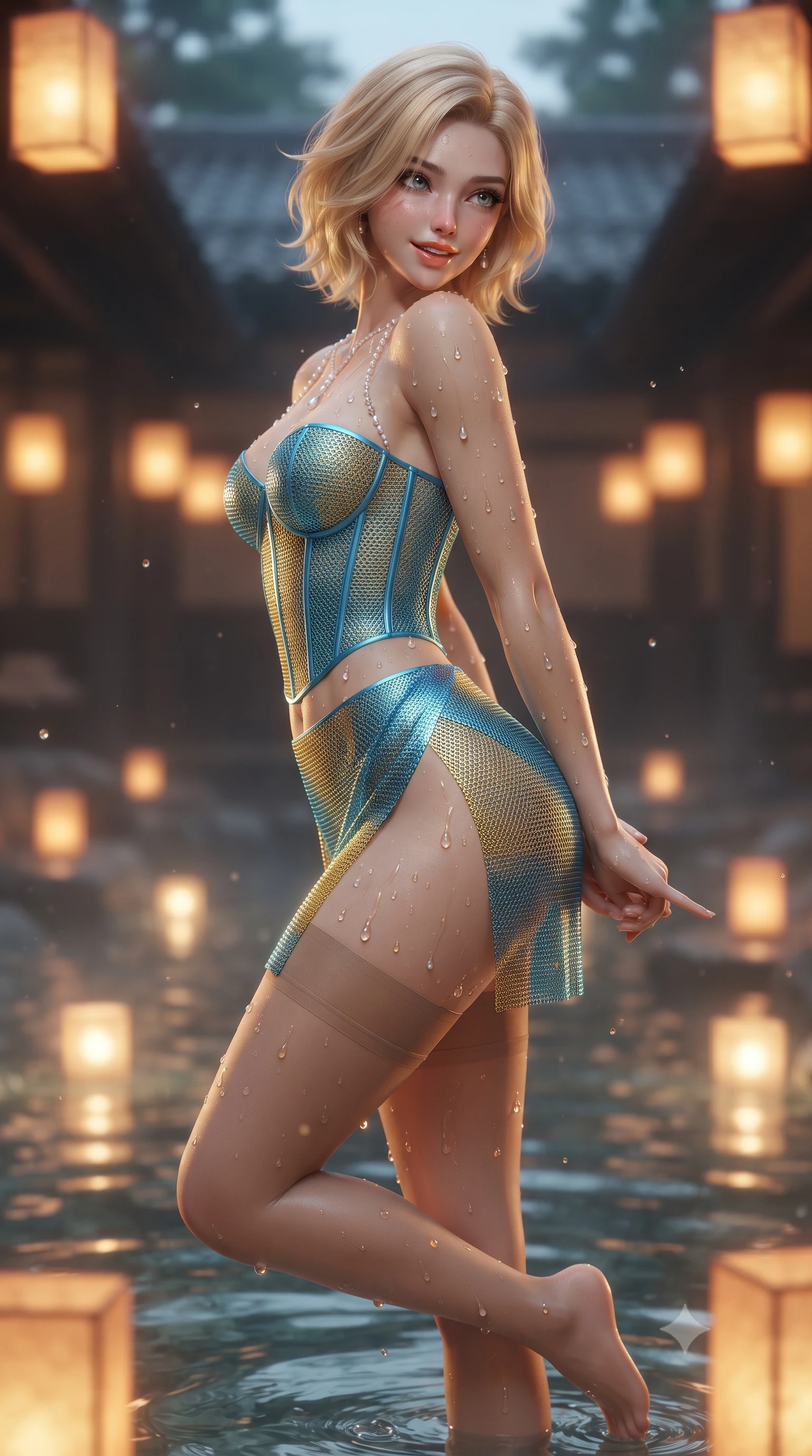 score_9, masterpiece, best quality, ultra-detailed, high-budget anime keyframe, editorial fashion photography, tasteful artistic composition, Caucasian woman. low angle full-body shot from head to toe showing her feet, filling the entire 9:16 vertical frame with her statuesque presence, stretching her vertical silhouette. executing a slow, graceful pivot turn as her skirt sways around her slender legs, glancing back with an enchanting, teasing sensual expression while twisting her slender torso in an alluring contrapposto stance, warm mineral water droplets and glowing paper lanterns tracing her curves. The background shows a soft-focus submerged onsen underwater lights softened in authentic historic luxury shallow focus. She has an absolutely perfect, statuesque 8.5-heads proportion, an exceptionally tall and slender model-like female figure with impossibly long slender legs, an ultra-slim waist, a flat toned midriff, narrow delicate ribcage, and beautifully sculpted feminine hips creating a graceful, slim hourglass silhouette without any bulky heaviness. sharp v-shaped jawline, high-bridge nose, sparkling eyes with hypnotic seductive depth, thick curled eyelashes, glossy parted lips with a natural dewy peach sheen, alluring bedroom-eyes with an enchanting coquettish smile, exuding magnetic siren charisma and sophisticated glamour, flawlessly proportioned anatomical accuracy, strict slender model proportions, natural body alignment, perfectly sculpted long slender limbs, ultra-slim waistline, clean dynamic posture without body distortion. wearing a structured boned leatherette corset bodice paired with an ultra-short micro-wrap mini skirt and sheer thigh-high stockings in Amalfi azure blue and sunlit lemon gold, crafted from shimmering fluid chainmail mesh reflecting ambient lights, accented with a pearl-drop body harness subtly framing her dewy collarbones and spine, the high-slit wrap tailoring accentuating her ultra-slim waistline and the enchanting curve of her feminine hips with alluring seductive charm. bathed in warm underwater thermal tub illumination paired with amber courtyard lantern glow. ultra-reflective glossy finish, specular highlights, rich textural contrasts, high-contrast stereoscopic depth, volumetric dynamic lighting, 2k, ultra detail, master piece, 9:16 ratio