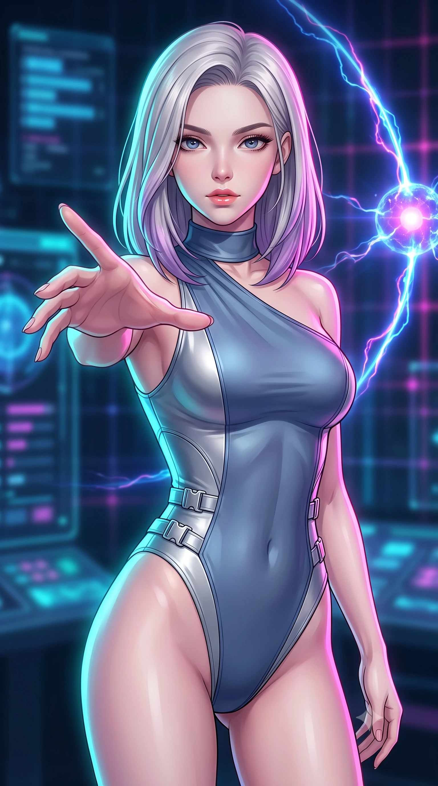 score_9, masterpiece, best quality, ultra-detailed, high-budget anime keyframe, editorial fashion photography, tasteful artistic composition, Caucasian woman. close-up cowboy shot from the waist and thighs up, the character dominates the composition, filling the frame with her large presence, background elements kept in soft focus. Reaching her hand gracefully toward the camera with magnetic allure, her torso turning in a dynamic S-curve alignment while reaching forward with an elegant arm stretch to intercept a pulsating data node, glowing plasma arcs pulsating rhythmically in the background atmosphere. She has an exceptionally elegant, slender, and willowy female figure with an ultra-slim waist, a gracefully sculpted slender torso, and a refined silhouette. sharp v-shaped jawline, high-bridge nose, intricate jewel-like eyes with depth, thick eyelashes, glossy lips with a natural sheen, flawlessly proportioned anatomical accuracy, natural body alignment, perfectly sculpted elegant limbs, clean dynamic posture without body distortion. wearing an asymmetrical high-cut tech-bodysuit with detached sleeves in slate blue and metallic silver, formed from sleek second-skin neoprene, detailed with polished silver buckles along the waistline, the elegant draped fit framing her graceful clavicle and slender torso. bathed in brilliant neon cyan and magenta rim light with clean white key light. highly saturated vibrant anime colors, detailed shading with soft gradients, rich glossy textures, high-contrast stereoscopic depth, volumetric dynamic lighting, master piece, 9:16 ratio