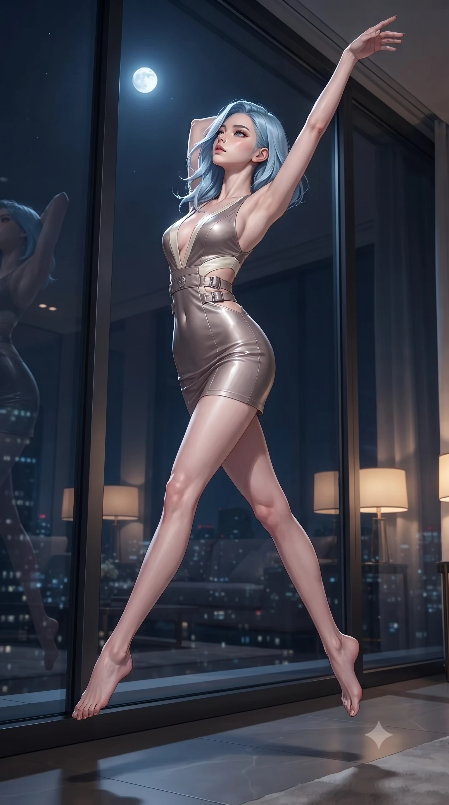 score_9, masterpiece, best quality, ultra-detailed, high-budget anime keyframe, editorial fashion photography, tasteful artistic composition, Korean woman. low angle full-body shot from head to toe showing her feet, filling the entire 9:16 vertical frame with her statuesque presence, stretching her vertical silhouette. leaping gracefully through the environment with statuesque elegance and long slender legs leaning against a floor-to-ceiling panoramic glass window at midnight, soft moonlight tracing her slender shoulder and collarbone lines elegantly. She has an absolutely perfect, statuesque 8.5-heads proportion, an exceptionally tall and slender model-like female figure with impossibly long slender legs and an ultra-slim waist. sharp v-shaped jawline, high-bridge nose, intricate jewel-like eyes with depth, thick eyelashes, glossy lips with a natural sheen. wearing a liquid mercury gloss mini dress with ultra-deep V-neck and waist cutouts in muted taupe and soft ivory, crafted from smooth liquid silk, detailed with polished silver buckles along the waistline, the form-contouring material highlighting her ultra-slim waist and long lines. bathed in warm luxury ambient lighting and soft silver moonlight accents. ultra-reflective glossy finish, specular highlights, metallic sheen, high-contrast stereoscopic depth, volumetric dynamic lighting, 2k, ultra detail, master piece, 9:16 ratio