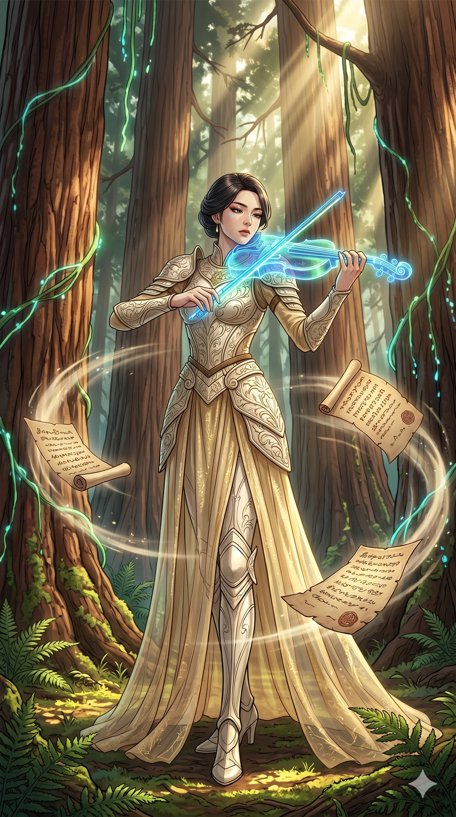 score_9, masterpiece, best quality, ultra-detailed, Set A: High-budget Anime Keyframe, Korean woman. Low angle cowboy shot filling the entire 9:16 frame with her statuesque presence. Theme: Primal Nature. playing a holographic violin in a giant redwood forest with glowing vines, surrounded by a whirlwind of 3 floating ancient scrolls. The atmosphere is filled with cinematic sunlight through leaves. She has an absolutely perfect 8-heads proportion, an exceptionally tall and slender female figure with impossibly long slender legs and an ultra-slim waist. Sharp v-shaped jawline, high-bridge nose, intricate jewel-like eyes with depth, glossy lips. Wearing Ornate ivory-carved plate armor over a sheer gold-thread silk gown. Cinematic lighting, vivid colors, dramatic shadows, 2k, ultra detail, master piece, 9:16 ratio