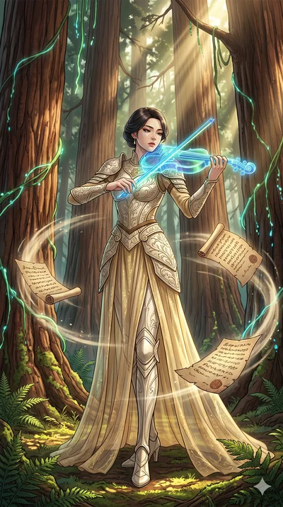 score_9, masterpiece, best quality, ultra-detailed, Set A: High-budget Anime Keyframe, Korean woman. Low angle cowboy shot filling the entire 9:16 frame with her statuesque presence. Theme: Primal Nature. playing a holographic violin in a giant redwo