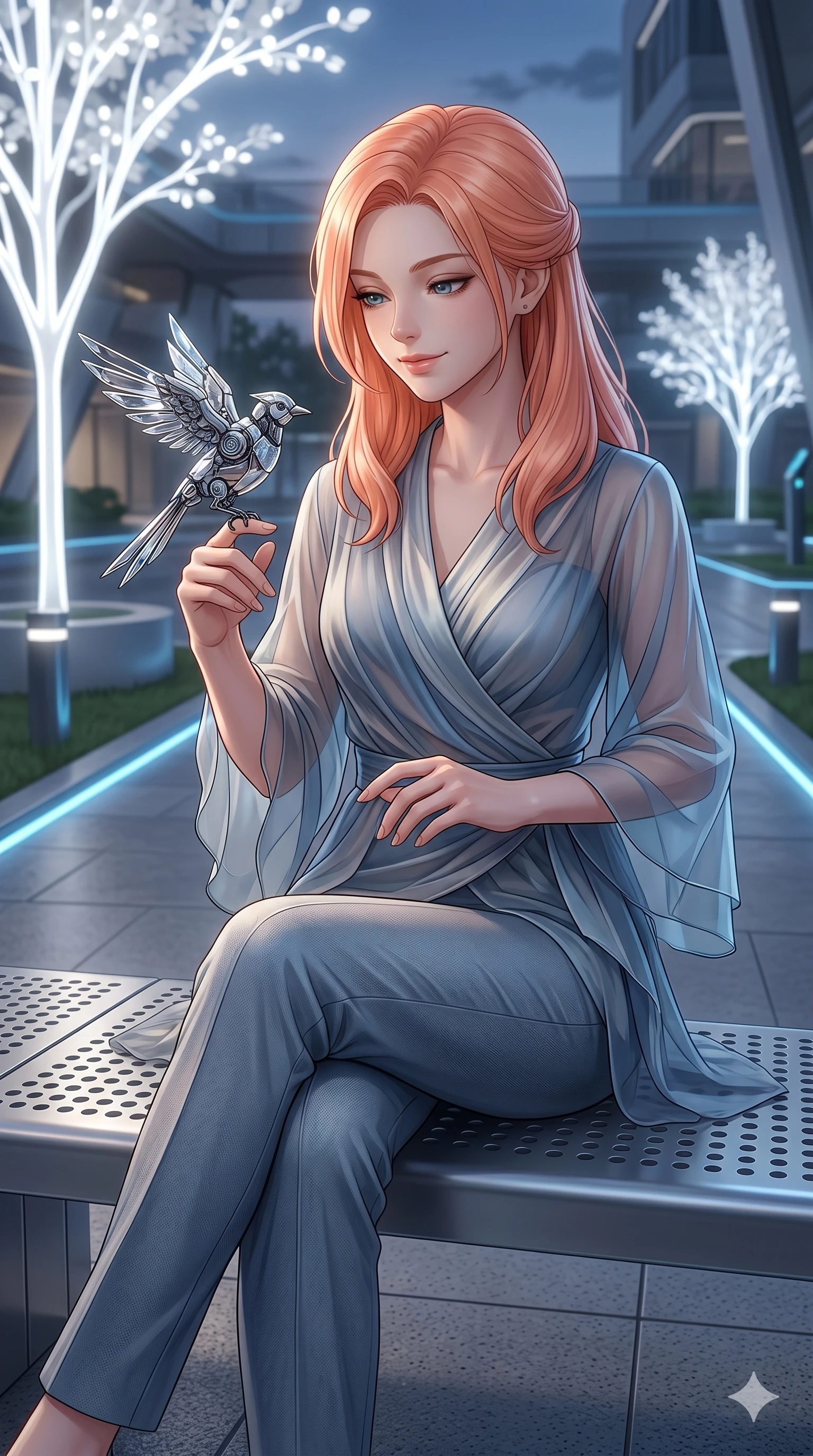 score_9, masterpiece, best quality, ultra-detailed, high-budget anime keyframe, Japanese woman. Upper body close-up from the thighs up, character filling the screen for maximum presence. Seated on a metallic bench in a quiet tech-park, observing a robotic bird on her finger with a gentle, serene smile. She is wearing a high-fashion draped wrap top with sheer chiffon overlays and matching trousers. The scene is bathed in soft white light from artificial trees and blue accent pathway lights. 2k, ultra detail, master piece, 9:16 ratio