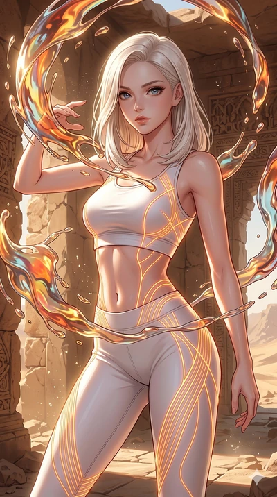 score_9, masterpiece, best quality, ultra-detailed, high-budget anime keyframe, Korean woman. upper body close-up from the thighs up, character filling the screen for maximum presence. interacting with liquid stained-glass that melts and swirls in mi