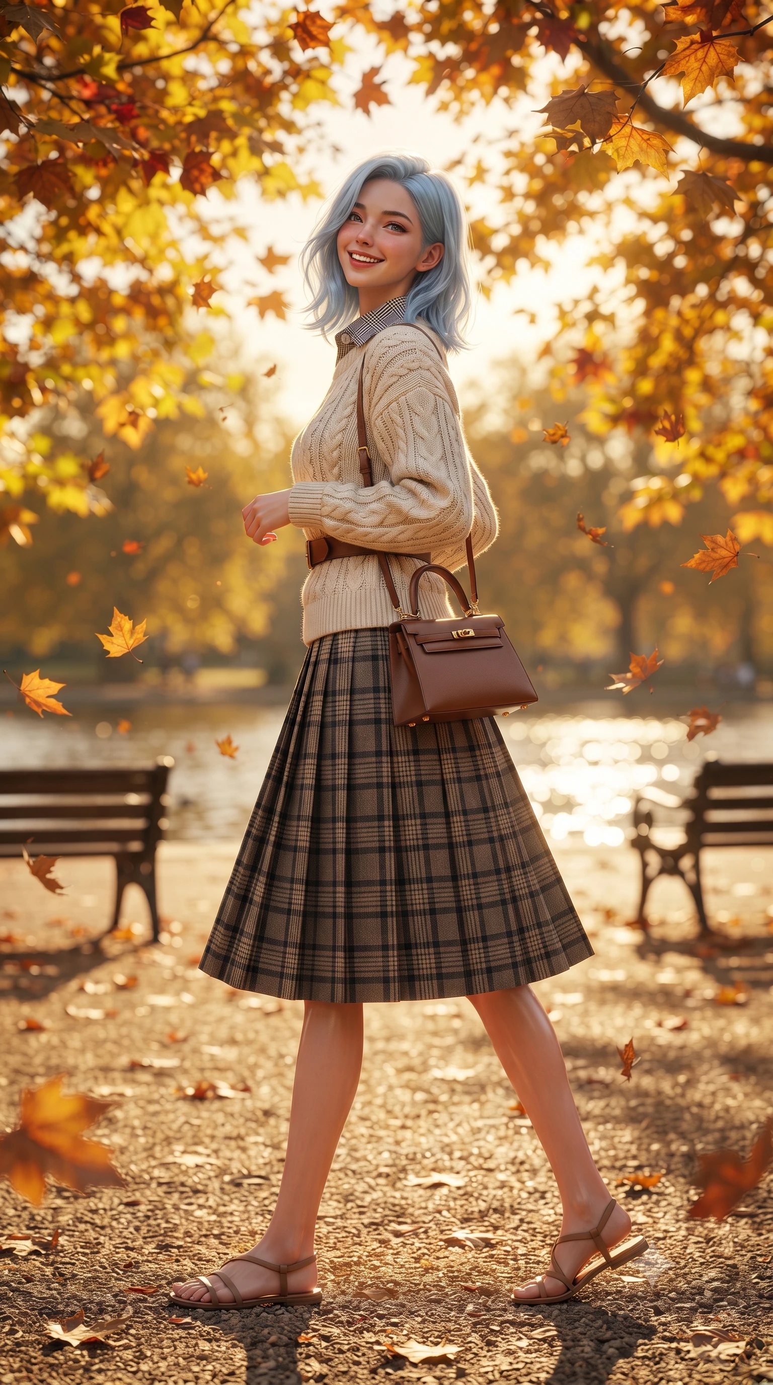 score_9, masterpiece, best quality, ultra-detailed, high-budget anime keyframe, editorial fashion photography, tasteful artistic composition, Korean woman. low angle full-body shot from head to toe showing her feet, filling the entire 9:16 vertical frame with her statuesque presence, stretching her vertical silhouette. pausing along the promenade and turning back toward the camera with an infectious, delightful smile and perfect posture while strolling along the tree-lined gravel promenade surrounded by falling amber plane tree leaves, looking back with a joyful, beaming smile. The background shows a soft-focus canopy of vibrant yellow, bronze, and crimson autumn leaves, glittering Serpentine lake surface, and historic park benches blurred into golden amber and sapphire bokeh. She has an exceptionally tall and slender model-like 8.5-heads proportion, an ultra-slim waist, a flat toned midriff, narrow delicate ribcage, and beautifully sculpted feminine hips creating a graceful, slim hourglass silhouette without any bulky heaviness, with impossibly long slender legs. sharp v-shaped jawline, high-bridge nose, intricate jewel-like sparkling eyes with depth, thick eyelashes, glossy parted lips with a natural peach sheen, bright cheerful beaming smile with an enchanting and coquettish sensual glint, exuding both youthful cute charm and seductive allure, flawlessly proportioned anatomical accuracy, strict slender model proportions, natural body alignment, perfectly sculpted long slender limbs, ultra-slim waistline, clean dynamic posture without body distortion. wearing an ivory cable-knit fisherman sweater paired with a pleated wool tartan midi skirt and a crisp collared poplin shirt in classic glen plaid monochrome with subtle wine red accent, crafted from fluid mulberry silk twill with an understated lustrous pearl finish, finished with a structured leather top-handle mini bag resting gracefully at her side, the structured cinched belt emphasizing her narrow waistline and gracefully balanced proportions with timeless haute-couture polish. bathed in crisp low-angle late-afternoon autumn sunlight filtering through a shimmering golden leaf canopy. ultra-reflective glossy finish, specular highlights, rich textural contrasts, high-contrast stereoscopic depth, volumetric dynamic lighting, 2k, ultra detail, master piece, 9:16 ratio