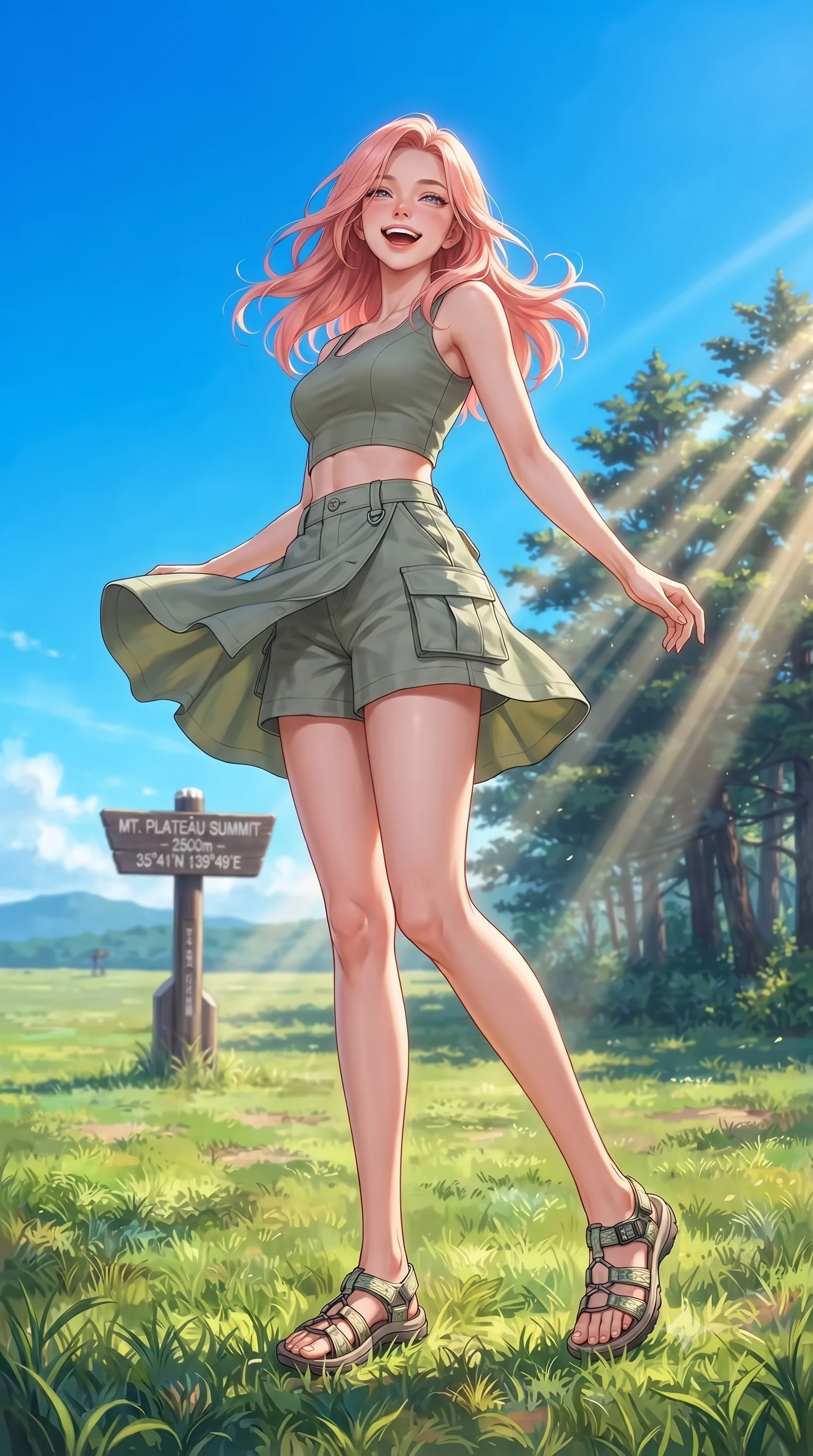 score_9, masterpiece, best quality, ultra-detailed, high-budget anime keyframe, editorial fashion photography, tasteful artistic composition, Japanese woman. low angle full-body shot from head to toe showing her feet, filling the entire 9:16 vertical frame with her statuesque presence, stretching her vertical silhouette. twirling around with a playful, cute laugh, her skirt billowing beautifully in the air set against a soft-focus background of on a wide grassy meadow high up on a mountain plateau under a blue sky with a wooden trail marker sign showing coordinates behind her. She has an absolutely perfect, statuesque 8.5-heads proportion, an exceptionally tall and slender model-like female figure with impossibly long slender legs and an ultra-slim waist. sharp v-shaped jawline, high-bridge nose, intricate jewel-like eyes with depth, thick eyelashes, glossy lips with a natural sheen. wearing tailored stylish crop top in sage green, paired with lightweight cargo shorts. volumetric sunbeams slicing through the forest trees, creating light rays. highly saturated vibrant anime colors, detailed shading with soft gradients, rich glossy textures, high-contrast stereoscopic depth, volumetric dynamic lighting, master piece, 9:16 ratio