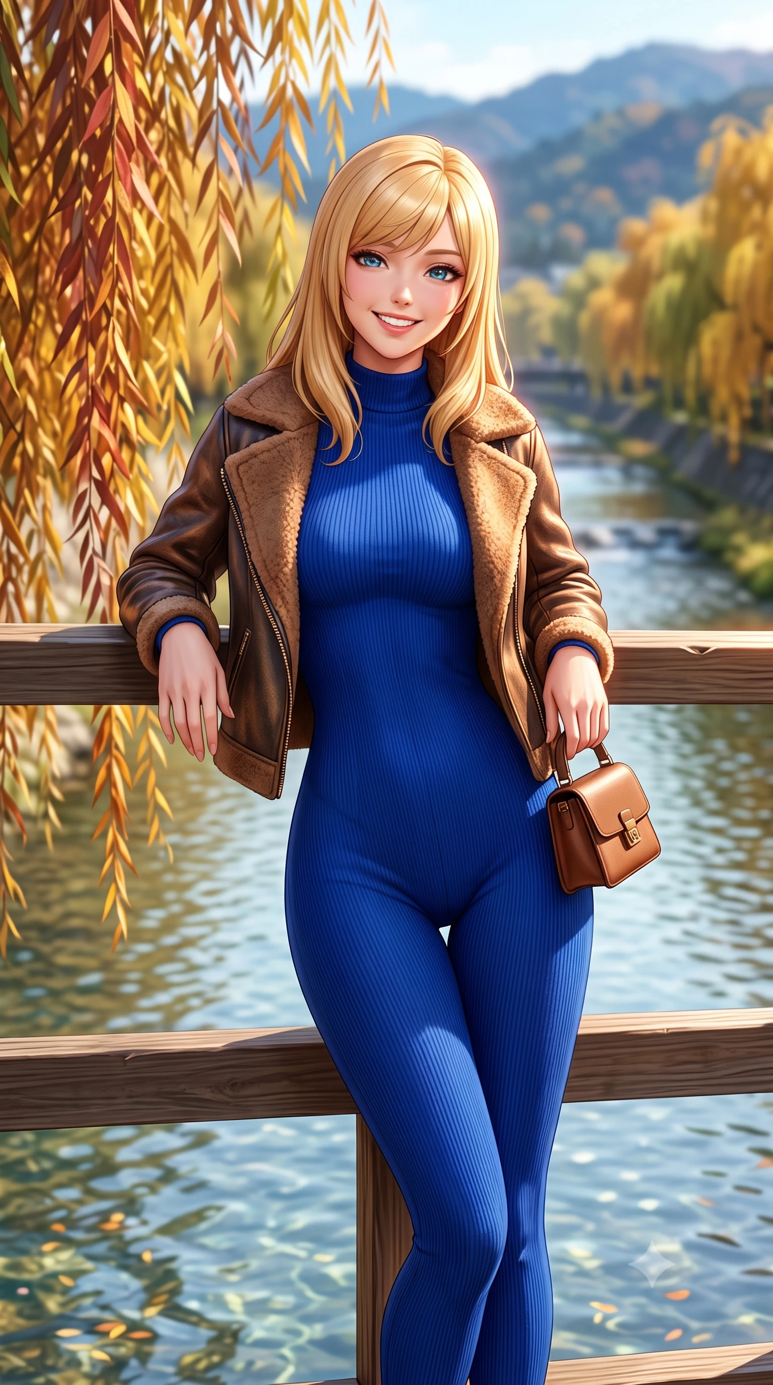 score_9, masterpiece, best quality, ultra-detailed, high-budget anime keyframe, semi-realistic 3D game render, editorial fashion photography, tasteful artistic composition, Caucasian woman. close-up cowboy shot from the waist and thighs up, the character dominates the composition, filling the frame with her large presence. resting both elbows on the balustrade while leaning forward gracefully, her smile sparkling with youthful cute charm and seductive allure while standing poised on the wooden kawayuka deck suspended over the clear riverbank, looking out at autumn willows with a bright, beaming smile. The background shows a soft-focus clear flowing Kamogawa river waters, weeping willow trees turning gold along riverbanks, and distant Higashiyama hills blurred into indigo, golden olive, and slate bokeh. She has an exceptionally elegant, slender, and willowy female figure with an ultra-slim waist, flat toned midriff, narrow ribcage, and sculpted feminine hips creating an alluring, slim hourglass silhouette without bulk. sharp v-shaped jawline, high-bridge nose, intricate jewel-like sparkling eyes with depth, thick eyelashes, glossy parted lips with a natural peach sheen, bright cheerful beaming smile with an enchanting and coquettish sensual glint, exuding both youthful cute charm and seductive allure, flawlessly proportioned anatomical accuracy, strict slender model proportions, natural body alignment, perfectly sculpted long slender limbs, ultra-slim waistline, clean dynamic posture without body distortion. wearing an ultra-snug ribbed merino wool catsuit jumpsuit tracing her long slender limbs and narrow waist under an open shearling jacket in royal sapphire blue and antique brushed bronze, made of ultra-fine Mongolian cashmere with sleek glove-like elasticity contouring her silhouette, finished with a structured leather micro-bag held lightly at her hip, the snug waist-cinching tailoring accentuating her ultra-slim waistline and the enchanting curve of her feminine hips with alluring seductive charm. illuminated by river water specular reflection bounce and sharp copper-rose rim lights sculpting her jawline, narrow waist, and graceful model proportions. highly saturated vibrant anime colors, detailed shading with soft gradients, rich glossy textures, high-contrast stereoscopic depth, volumetric dynamic lighting, master piece, 9:16 ratio