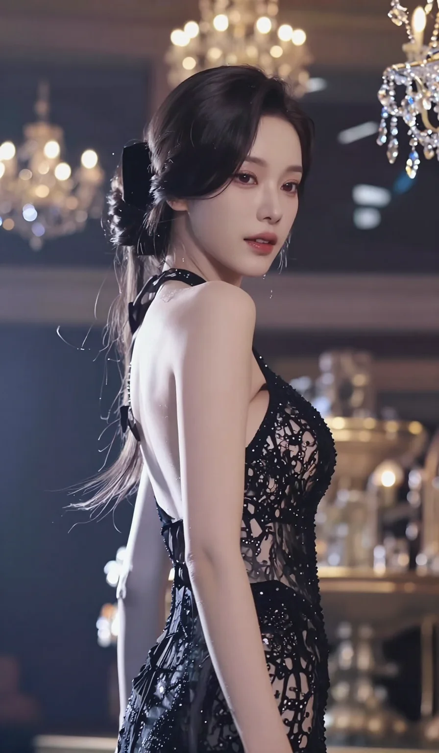 score_9, masterpiece, best quality, ultra-detailed, semi-realistic high-budget anime keyframe, (1view, solo, single person:1.5), an incredibly beautiful korean woman. Medium shot of upper body. She is a high-society vampire queen in a moonlit ballroom. (Tall stature, elegant proportions, slender silhouette:1.2). Her face is a masterpiece with porcelain skin and ruby eyes. She is wearing a high-cut black lace gown. Moonbeams and crystal chandeliers, radiant glowing skin, dramatic rim lighting, 2k, ultra detail, master piece, 9:16 ratio