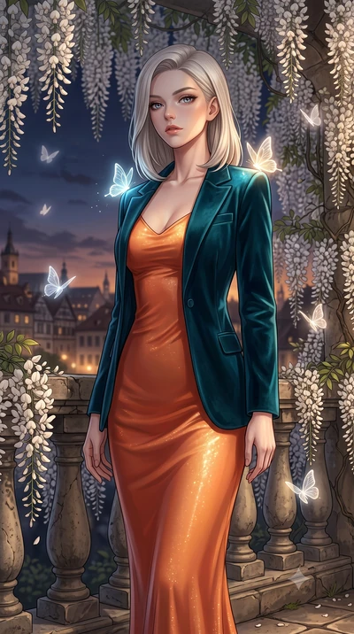 score_9, masterpiece, best quality, ultra-detailed, High-budget Anime Keyframe, Caucasian woman, strictly human ears. Low angle cowboy shot filling the entire 9:16 frame with her statuesque presence. Scenario 547: watching digital butterflies land on