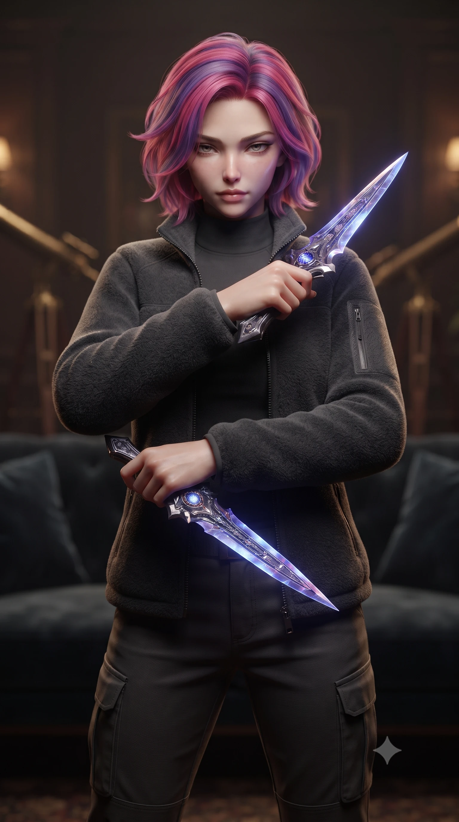 score_9, masterpiece, best quality, ultra-detailed, high-budget anime keyframe, editorial fashion photography, tasteful artistic composition, Caucasian woman. close-up cowboy shot from the waist and thighs up, the character dominates the composition, filling the frame with her large presence, background elements kept in soft focus. holding two energy daggers crossed in front of her elegant collarbone, casting a heavy-lidded, sultry look, the background shows a soft-focus a theater foyer lounge with dark velvet sofas and antique telescopes. She has an exceptionally elegant, slender, and willowy female figure with an ultra-slim waist, a gracefully sculpted slender torso, and a refined silhouette. sharp v-shaped jawline, high-bridge nose, intricate jewel-like eyes with depth, thick eyelashes, glossy lips with a natural sheen. wearing a tailored comfortable charcoal fleece flight jacket over a protective high-neck undershirt and utility cargo pants. low-contrast warm ambient glow creating a mysterious, cozy mood inside. ultra-reflective glossy finish, specular highlights, metallic sheen, high-contrast stereoscopic depth, volumetric dynamic lighting, 2k, ultra detail, master piece, 9:16 ratio