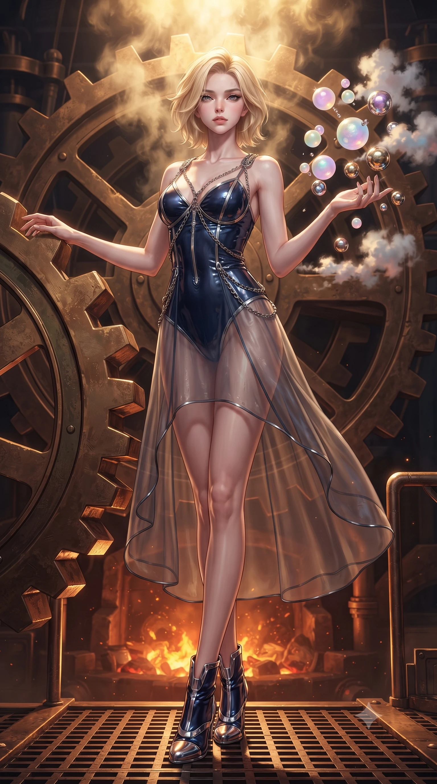score_9, masterpiece, best quality, ultra-detailed, high-budget anime keyframe, editorial fashion photography, tasteful artistic composition, Caucasian woman. low angle full-body shot from head to toe showing her feet, filling the entire 9:16 vertical frame with her statuesque presence, stretching her vertical silhouette. interacting gracefully with the magical floating elements while maintaining a confident posture resting against a giant bronze gear as warm furnace embers glow nearby, pastel-colored steam clouds scattering bright metallic reflections. She has an absolutely perfect, statuesque 8.5-heads proportion, an exceptionally tall and slender model-like female figure with impossibly long slender legs and an ultra-slim waist. sharp v-shaped jawline, high-bridge nose, intricate jewel-like eyes with depth, thick eyelashes, glossy lips with a natural sheen. wearing a semi-opaque sheer overlay dress over a leather micro-bodysuit in midnight navy blue and chrome trim, tailored from high-gloss patent leather, adorned with delicate metallic chain straps along the neckline, the tailored fabric tightly following every curve of her athletic build. illuminated by golden steam radiance and dramatic underlighting. highly saturated vibrant anime colors, detailed shading with soft gradients, rich glossy textures, high-contrast stereoscopic depth, volumetric dynamic lighting, master piece, 9:16 ratio
