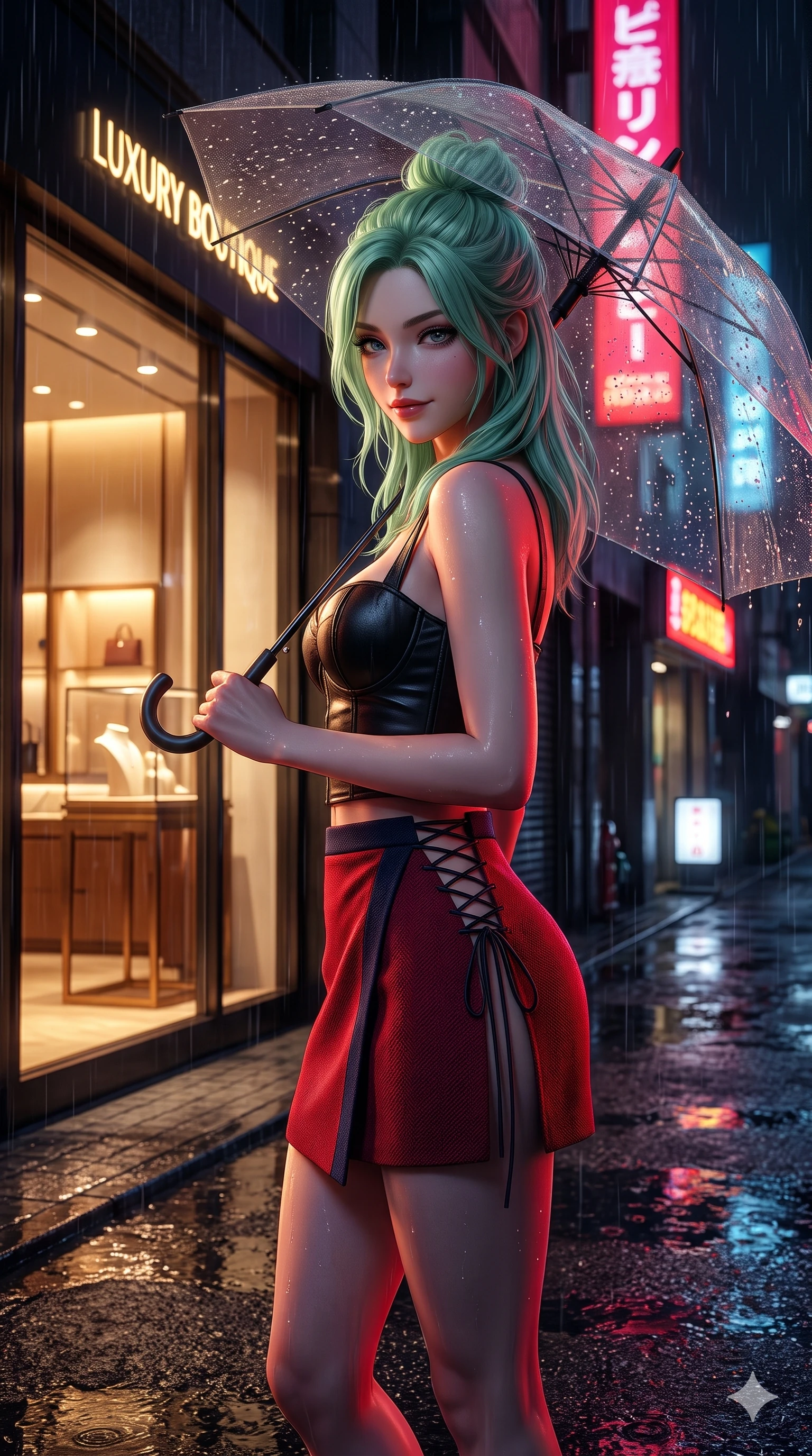 score_9, masterpiece, best quality, ultra-detailed, high-budget anime keyframe, semi-realistic 3D game render, editorial fashion photography, tasteful artistic composition, Japanese woman. close-up cowboy shot from the waist and thighs up, the character dominates the composition, filling the frame with her large presence. pausing beside an illuminated luxury boutique window with hips cocked back, glancing back with an enchanting, dangerous smile through falling rain while glancing down over lowered lashes before meeting the camera with quiet, devastating intensity, her tailored outfit tracing her ultra-slim waist and hips. The surrounding environment is rendered in vivid detail and crisp panoramic clarity: sharp wet asphalt grit texture, rain droplets beading on the translucent umbrella canopy, and puddle ripple reflections in deep focus. She has an exceptionally elegant, slender, and willowy female figure with an ultra-slim waist, flat toned midriff, narrow ribcage, and sculpted feminine hips creating an alluring, slim hourglass silhouette without bulk. sharp v-shaped jawline, high-bridge nose, intricate jewel-like dark sparkling eyes with dangerous depth, thick curled eyelashes, glossy parted lips with a rich wine sheen, smoldering seductive half-smile with bedroom-eyes, exuding effortless superiority and intoxicating dark allure, flawlessly proportioned anatomical accuracy, strict slender model proportions, natural body alignment, perfectly sculpted long slender limbs, ultra-slim waistline, clean dynamic posture without body distortion. wearing a structured underwire leather bustier top paired with an ultra-short draped wrap mini skirt in Tokyo Tower scarlet crimson and midnight indigo, woven from bespoke high-density barathea wool with refined ceremonial hold, featuring fine criss-cross lace-up side ties revealing tantalizing glimpses of her hip curve, the precision-cut side openings and low-back scoop framing her graceful spine and the sensual sweep of her slim, toned hips. bathed in intense saturated crimson and warm gold neon underlights contrasting with dark rain-soaked shadow tones. highly saturated vibrant anime colors, detailed shading with soft gradients, rich glossy textures, high-contrast stereoscopic depth, volumetric dynamic lighting, master piece, 9:16 ratio