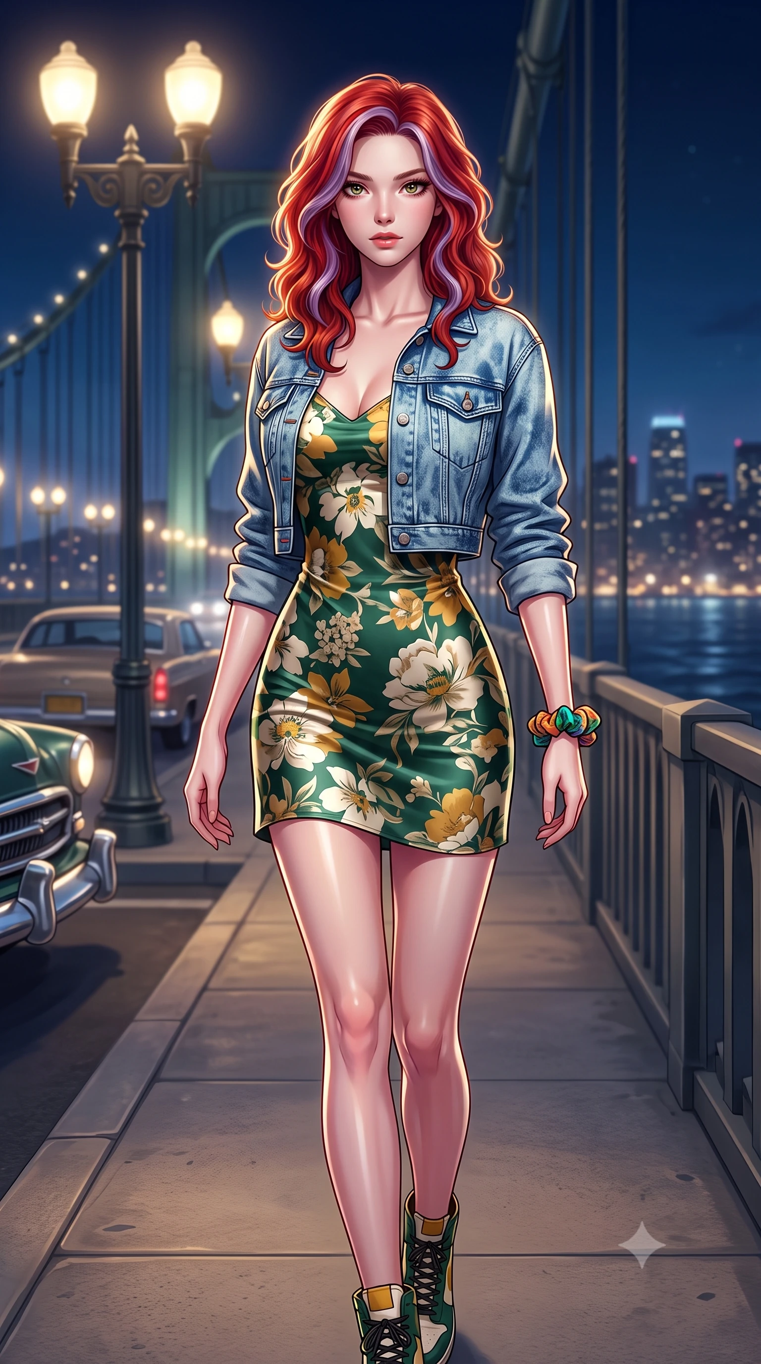 score_9, masterpiece, best quality, ultra-detailed, high-budget anime keyframe, semi-realistic 3D game render, editorial fashion photography, tasteful artistic composition, Caucasian woman. close-up cowboy shot from the waist and thighs up, the character dominates the composition, filling the frame with her large presence. radiating intense magnetic charisma with jewel-like eyes locked onto the viewer, her upper body turning in a dynamic, fluid S-curve while standing poised on the bridge sidewalk under glowing art-deco streetlamps as distant city lights twinkle across the bay. The composition keeps background elements in soft focus with creamy bokeh. vintage car chrome bumpers and coastal water ripples softened in cinematic shallow focus. She has an exceptionally elegant, slender, and willowy female figure with an ultra-slim waist, a gracefully sculpted slender torso, toned flat midriff, and a refined slim silhouette. sharp v-shaped jawline, high-bridge nose, intricate jewel-like eyes with depth, thick eyelashes, glossy lips with a natural sheen, captivating and magnetic expression, flawlessly proportioned anatomical accuracy, strict slender model proportions, natural body alignment, perfectly sculpted long slender limbs, ultra-slim waistline, clean dynamic posture without body distortion. wearing a classic cropped acid-wash denim jacket paired with a floral print slip dress and combat boots in forest green, cream, and mustard yellow, crafted from liquid-smooth silk satin with subtle floral jacquard, accessorized with a colorful scrunchie on her wrist and classic retro high-top sneakers, the glove-like aerodynamic second-skin fit tightly clinging to her ultra-slender waist and athletic curves without adding bulk, accentuating her razor-sharp statuesque lines and slim hourglass silhouette. illuminated by crisp metallic reflections tracing her ultra-slim waistline, collarbones, and long legs. highly saturated vibrant anime colors, detailed shading with soft gradients, rich glossy textures, high-contrast stereoscopic depth, volumetric dynamic lighting, master piece, 9:16 ratio