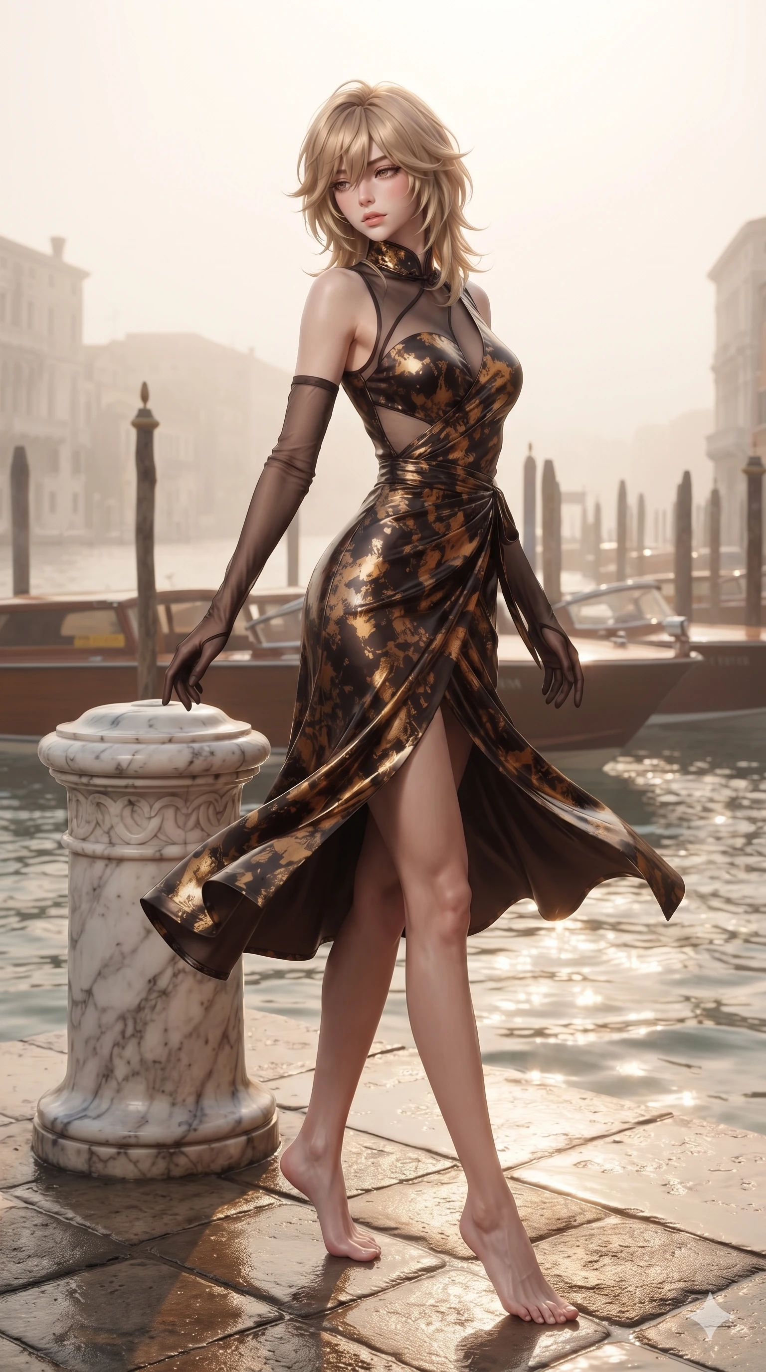 score_9, masterpiece, best quality, ultra-detailed, high-budget anime keyframe, editorial fashion photography, tasteful artistic composition, Japanese woman. low angle full-body shot from head to toe showing her feet, filling the entire 9:16 vertical frame with her statuesque presence, stretching her vertical silhouette. executing a slow, graceful pivot turn as her silk wrap skirt sways around her slender legs, glancing back with an enchanting, teasing sensual expression while leaning against the carved marble mooring bollard with hips cocked back, looking through morning canal mist with heavy-lidded seductive bedroom-eyes. The background shows a soft-focus morning canal sea-mist softened in private regatta pier shallow focus. She has an exceptionally tall and slender model-like 8.5-heads proportion, an ultra-slim waist, a flat toned midriff, narrow delicate ribcage, and beautifully sculpted feminine hips creating a graceful, slim hourglass silhouette without any bulky heaviness, with impossibly long slender legs. sharp v-shaped jawline, high-bridge nose, intricate jewel-like sparkling eyes with depth, thick eyelashes, glossy parted lips with a natural sheen, intensely captivating and seductive bedroom-eyes expression, exuding both youthful cute charm and sovereign luxury allure, flawlessly proportioned anatomical accuracy, strict slender model proportions, natural body alignment, perfectly sculpted long slender limbs, ultra-slim waistline, clean dynamic posture without body distortion. wearing a wet-look silk fusion wrap dress with asymmetrical sheer mesh cutouts and high Mandarin collar in dark espresso brown and molten gold foil, crafted from bespoke double-faced cashmere with an exceptionally soft tactile finish, complemented by sheer opera-length evening gloves tracing her slender arms, the liquid-tight tailored fabric clinging flawlessly to her narrow waist and rounded feminine hips, emphasizing every millimeter of her sculpted slim hourglass curves without any bulky heaviness. bathed in the warm radiant 2700K morning sunlight reflecting off the canal ripples with crisp specular glints. ultra-reflective glossy finish, specular highlights, rich textural contrasts, high-contrast stereoscopic depth, volumetric dynamic lighting, 2k, ultra detail, master piece, 9:16 ratio