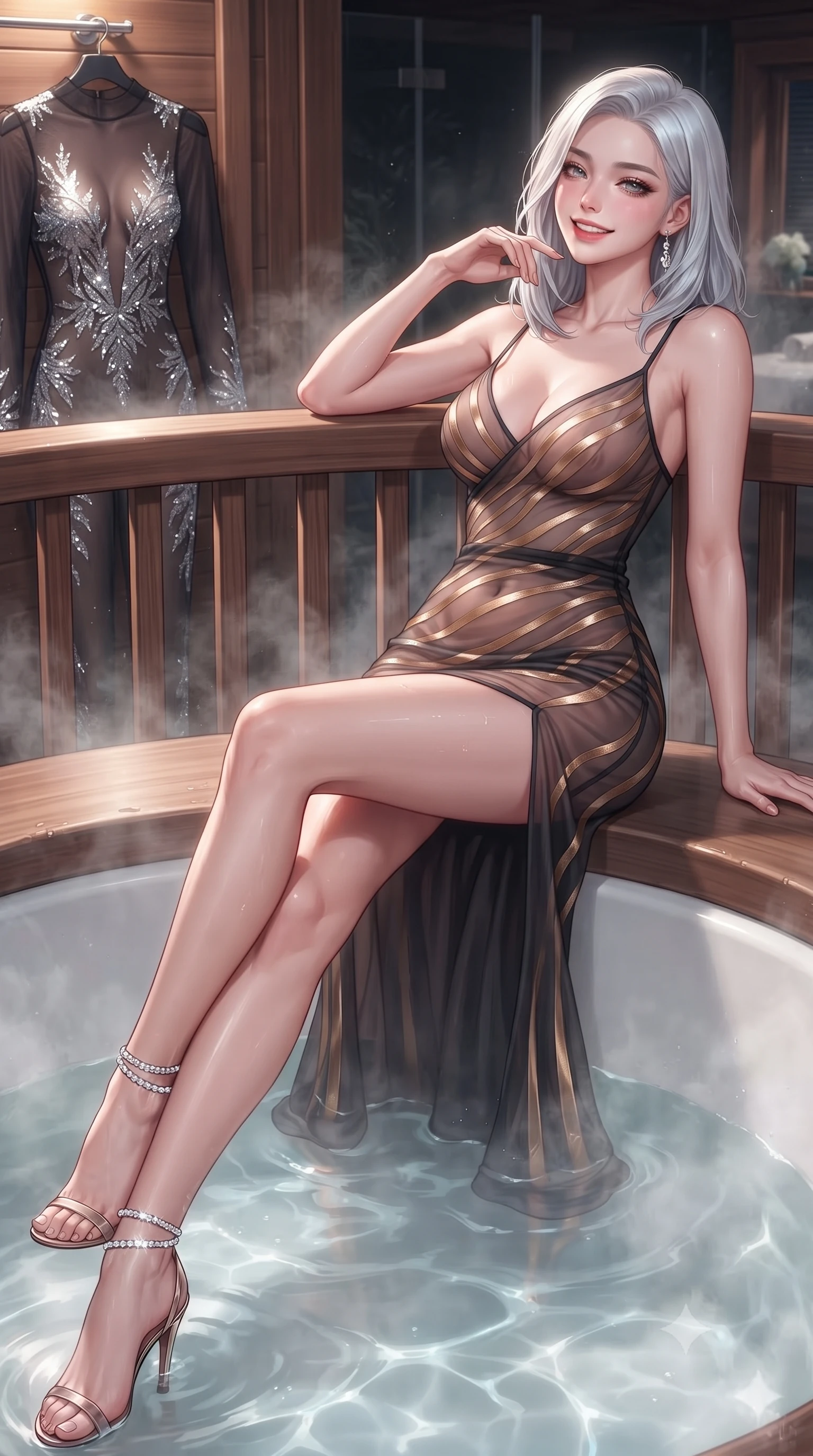 score_9, masterpiece, best quality, ultra-detailed, high-budget anime keyframe, editorial fashion photography, tasteful artistic composition, Korean woman. close-up cowboy shot from the waist and thighs up, the character dominates the composition, filling the frame with her large presence. leaning back against the balustrade with relaxed seductive grace, head tilted back slightly while casting a hypnotic, heavy-lidded gaze while lounging in the steaming tub propped on the cedar rim with legs extended, displaying her long slender limbs and hourglass curves. The surrounding environment is rendered in vivid detail and crisp panoramic clarity: detailed backless sheer illusion mesh catsuit, crystalline silver flocking, and Norwegian timber craft in high resolution. She has an exceptionally elegant, slender, and willowy female figure with an ultra-slim waist, flat toned midriff, narrow ribcage, and sculpted feminine hips creating an alluring, slim hourglass silhouette without bulk. sharp v-shaped jawline, high-bridge nose, intricate jewel-like sparkling eyes with depth, thick eyelashes, glossy parted lips with a natural peach sheen, bright cheerful beaming smile with an enchanting and coquettish sensual glint, exuding both youthful cute charm and seductive allure, flawlessly proportioned anatomical accuracy, strict slender model proportions, natural body alignment, perfectly sculpted long slender limbs, ultra-slim waistline, clean dynamic posture without body distortion. wearing a plunge-front sheer illusion tulle slip dress with liquid gold ribbon stripes hugging her curves in sultry copper rose and deep shadow charcoal, crafted from fluid liquid silk satin that clings smoothly to her narrow waist and rounded hips with a dewy sheen, complemented by strappy stiletto sandals with crystal ankle wraps accentuating her slender calves, the liquid-tight tailored fabric clinging flawlessly to her narrow waist and rounded feminine hips, emphasizing every millimeter of her sculpted slim hourglass curves without any bulky heaviness. illuminated by steaming tub caustics bounce and sharp silver-cyan rim lights defining her dewy collarbones, ultra-slim waist, and curvy hips. ultra-reflective glossy finish, specular highlights, rich textural contrasts, high-contrast stereoscopic depth, volumetric dynamic lighting, 2k, ultra detail, master piece, 9:16 ratio