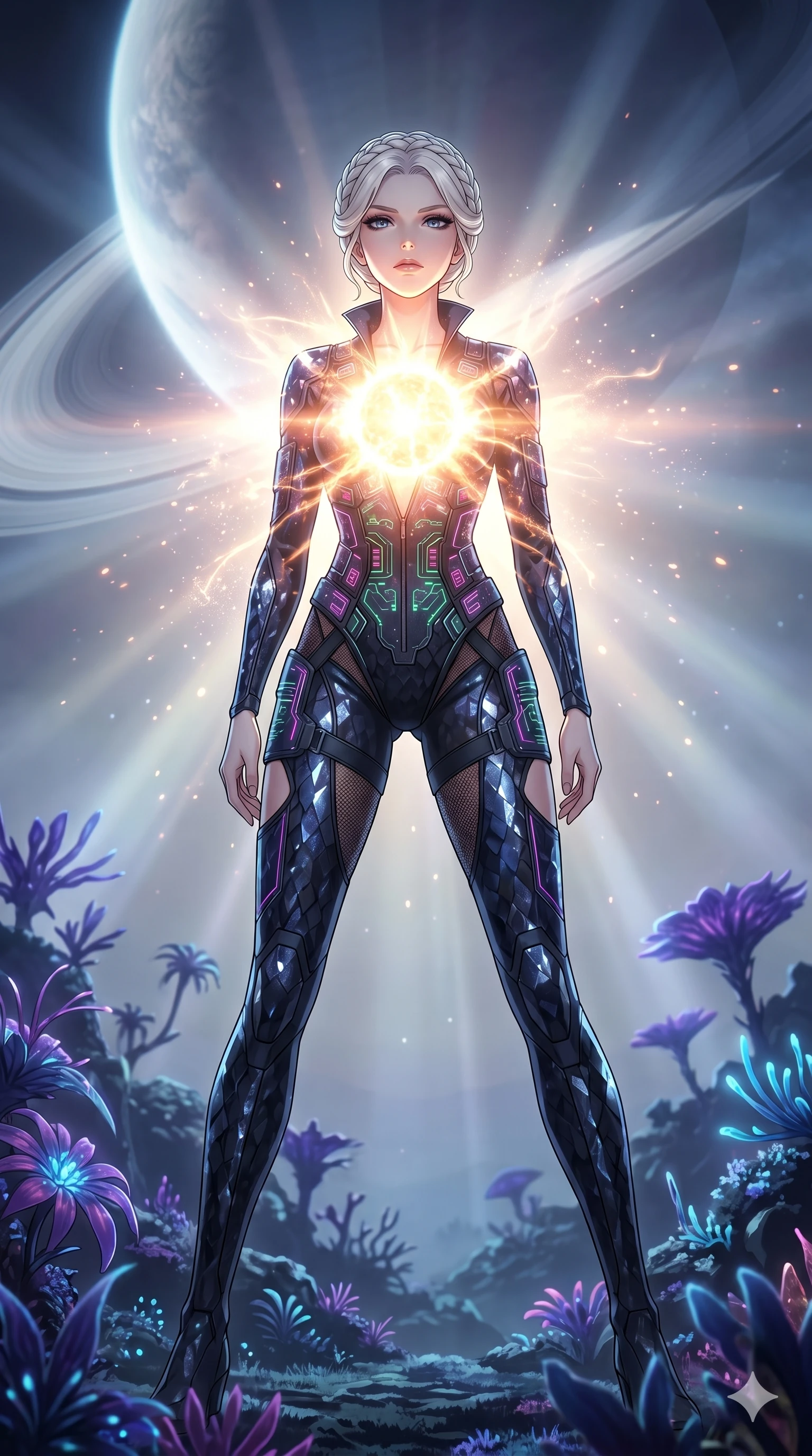 score_9, masterpiece, best quality, ultra-detailed, High-budget Anime Keyframe, vibrant colors, fluid line-art, expressive lighting, cinematic composition, Ufotable-style visual effects, top-tier animation quality, Caucasian woman with pale skin, blonde hair, and (strictly human ears). Cinematic low angle perspective showcasing her towering height and perfect 8-heads proportion. Absorbing the raw power of a dying star into her chest, her body glowing with an intense, blinding radiance. She has an absolutely perfect 8-heads proportion, an exceptionally tall and slender female figure with impossibly long slender legs and an ultra-slim waist, her statuesque height and towering silhouette dominating the vertical 9:16 frame. Her face is a masterpiece featuring a sharp v-shaped jawline, high-bridge nose, intricate jewel-like eyes with depth, thick eyelashes, and glossy lips with a natural sheen. She is wearing a Sci-fi pilot flight suit with an open collar and strategically placed mesh panels crafted from Obsidian-glass scales that shimmer with a dark, crystalline brilliance, with integrated neon-lit tactical gear and suggestive cutouts on the thighs. The scene is set in a mysterious alien planet with bioluminescent purple flora and a giant ringed planet in the sky, illuminated by volumetric light beams cutting through a hazy atmosphere, creating a sense of depth. 2k, ultra detail, master piece, 9:16 ratio