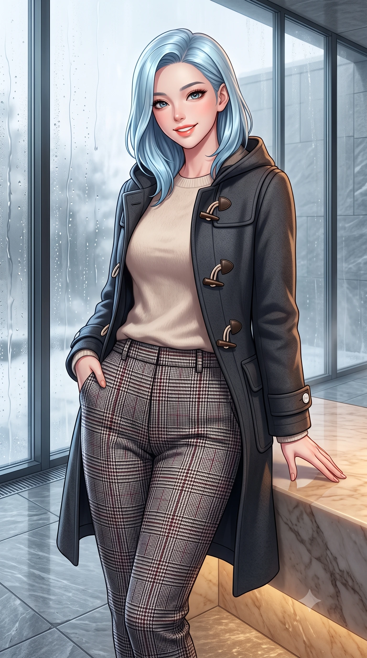 score_9, masterpiece, best quality, ultra-detailed, high-budget anime keyframe, semi-realistic 3D game render, editorial fashion photography, tasteful artistic composition, Korean woman. close-up cowboy shot from the waist and thighs up, the character dominates the composition, filling the frame with her large presence. standing poised with one hand slipped into her tailored trouser pocket, head tilted in a friendly, engaging expression while leaning against a smooth heated marble bench, resting one hand on the warm stone with effortless wellness-model grace. The surrounding environment is rendered in vivid detail and crisp panoramic clarity: sharp thermal glass mullion seams, water droplet rivulets on exterior panes, and textured grey Vals quartzite stone tiles in deep focus. She has an exceptionally elegant, slender, and willowy female figure with an ultra-slim waist, flat toned midriff, narrow ribcage, and sculpted feminine hips creating an alluring, slim hourglass silhouette without bulk. sharp v-shaped jawline, high-bridge nose, intricate jewel-like sparkling eyes with depth, thick eyelashes, glossy parted lips with a natural peach sheen, bright cheerful beaming smile with an enchanting and coquettish sensual glint, exuding both youthful cute charm and seductive allure, flawlessly proportioned anatomical accuracy, strict slender model proportions, natural body alignment, perfectly sculpted long slender limbs, ultra-slim waistline, clean dynamic posture without body distortion. wearing a structured boiled-wool duffle coat with horn toggles over a soft alpaca sweater and tailored wool slacks in classic glen plaid monochrome with subtle wine red accent, crafted from ultra-soft Mongolian cashmere with exquisite insulating warmth and tactile softness, finished with fine mother-of-pearl cuff buttons catching the soft ambient light, the sharp shoulder tailoring and gently nipped waist framing her slender torso with pristine sartorial perfection. bathed in calm diffused winter daylight filtering through steamy glass panes combined with warm 2800K recessed floor lights. highly saturated vibrant anime colors, detailed shading with soft gradients, rich glossy textures, high-contrast stereoscopic depth, volumetric dynamic lighting, master piece, 9:16 ratio