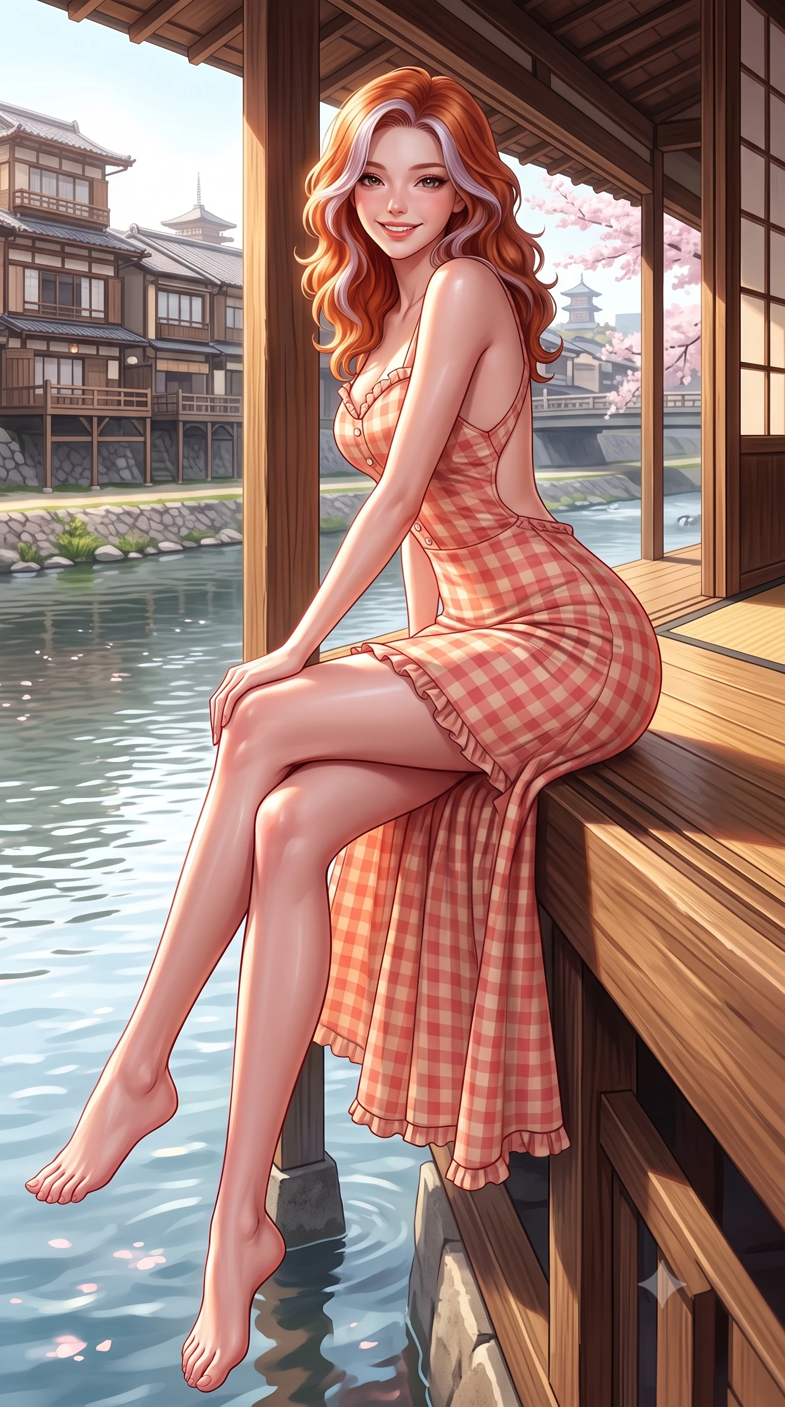 score_9, masterpiece, best quality, ultra-detailed, high-budget anime keyframe, semi-realistic 3D game render, editorial fashion photography, tasteful artistic composition, Caucasian woman. low angle full-body shot from head to toe showing her feet, filling the entire 9:16 vertical frame with her statuesque presence, stretching her vertical silhouette. sitting perched on the elevated edge with legs crossed and hips angled toward the camera, displaying her toned midriff and long slender limbs with a joyful, coquettish smile while standing poised on the sun-warmed wooden veranda, twisting her slender torso in an alluring S-curve in the gentle spring river breeze. The surrounding environment is rendered in vivid detail and crisp panoramic clarity. detailed silk dress drape, soft sun glints on skin, and Kyoto riverbank architecture in high resolution. She has an exceptionally tall and slender model-like 8.5-heads proportion, an ultra-slim waist, a flat toned midriff, narrow delicate ribcage, and beautifully sculpted feminine hips creating a graceful, slim hourglass silhouette without any bulky heaviness, with impossibly long slender legs. sharp v-shaped jawline, high-bridge nose, intricate jewel-like sparkling eyes with depth, thick eyelashes, glossy parted lips with a natural peach sheen, bright cheerful beaming smile with an enchanting and coquettish sensual glint, exuding both youthful cute charm and seductive allure, flawlessly proportioned anatomical accuracy, strict slender model proportions, natural body alignment, perfectly sculpted long slender limbs, ultra-slim waistline, clean dynamic posture without body distortion. wearing a backless lace-up gingham sundress with a form-fitting bodice and hip-defining silhouette in warm coral pink and soft oatmeal beige, tailored from crisp cotton poplin with clean structural lines, finished with subtle ruffle trims and delicate pearl buttons, the precision-cut side openings and low-back scoop framing her graceful spine and the sensual sweep of her slim, toned hips. illuminated by gentle water surface reflections sharply defining her razor-sharp jawline, narrow waist, and curvy hips. highly saturated vibrant anime colors, detailed shading with soft gradients, rich glossy textures, high-contrast stereoscopic depth, volumetric dynamic lighting, master piece, 9:16 ratio