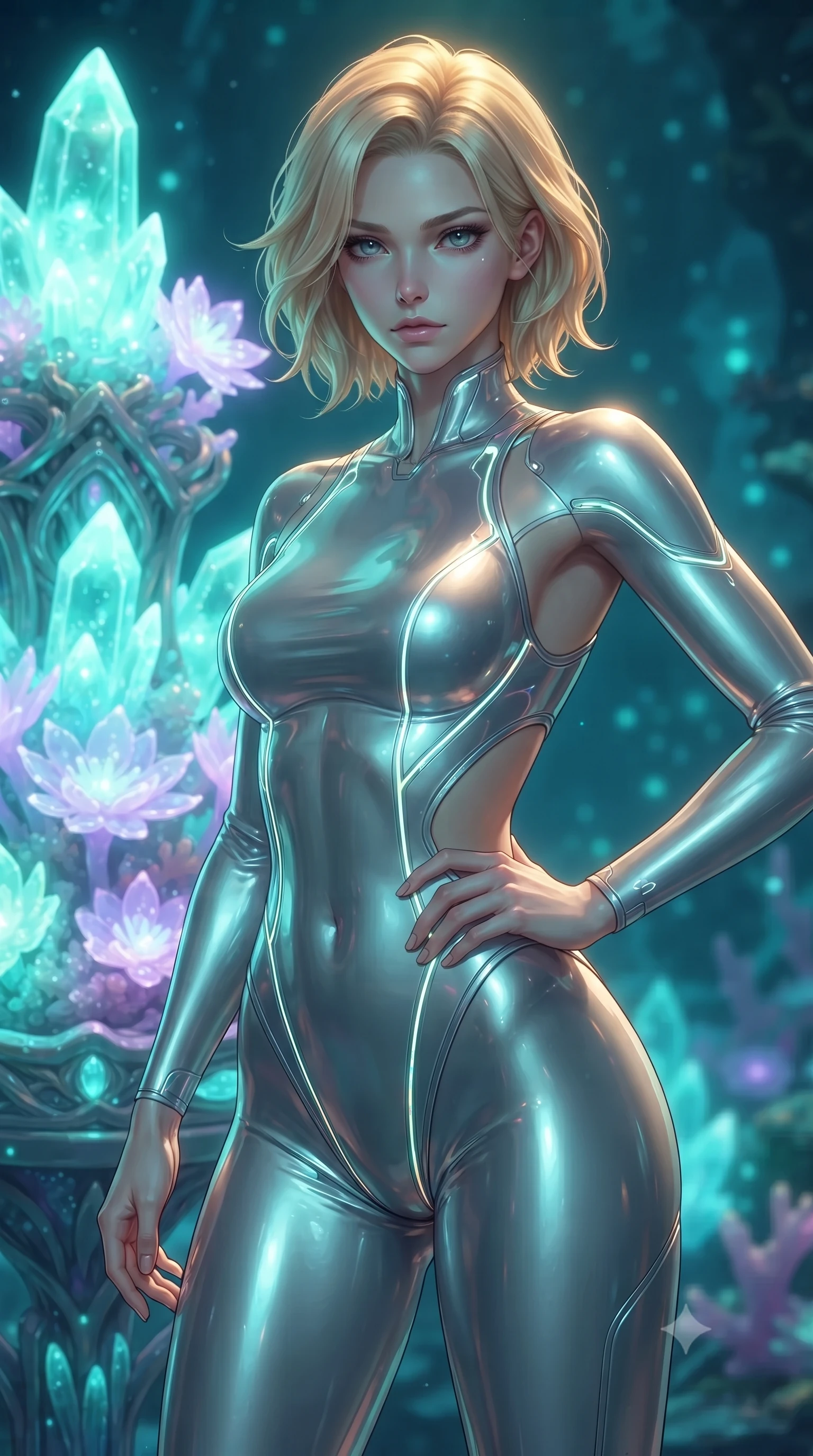 score_9, masterpiece, best quality, ultra-detailed, high-budget anime keyframe, editorial fashion photography, tasteful artistic composition, Caucasian woman. close-up cowboy shot from the waist and thighs up, the character dominates the composition, filling the frame with her large presence, background elements kept in soft focus. Holding a confident power pose with one hand on her hip, gazing directly into the camera with quiet intensity standing beside a pearl archive sanctuary filled with glowing sea crystals, glowing coral blossoms emitting soft aqua and lavender light. She has an exceptionally elegant, slender, and willowy female figure with an ultra-slim waist, a gracefully sculpted slender torso, and a refined silhouette. sharp v-shaped jawline, high-bridge nose, intricate jewel-like eyes with depth, thick eyelashes, glossy lips with a natural sheen. wearing a skin-tight cybernetic bodysuit with glowing neon seams and suggestive side cutouts, the elegant draped fit framing her graceful clavicle and slender torso. illuminated by luminous aqua bioluminescence and warm golden top lighting. ultra-reflective glossy finish, specular highlights, metallic sheen, high-contrast stereoscopic depth, volumetric dynamic lighting, 2k, ultra detail, master piece, 9:16 ratio