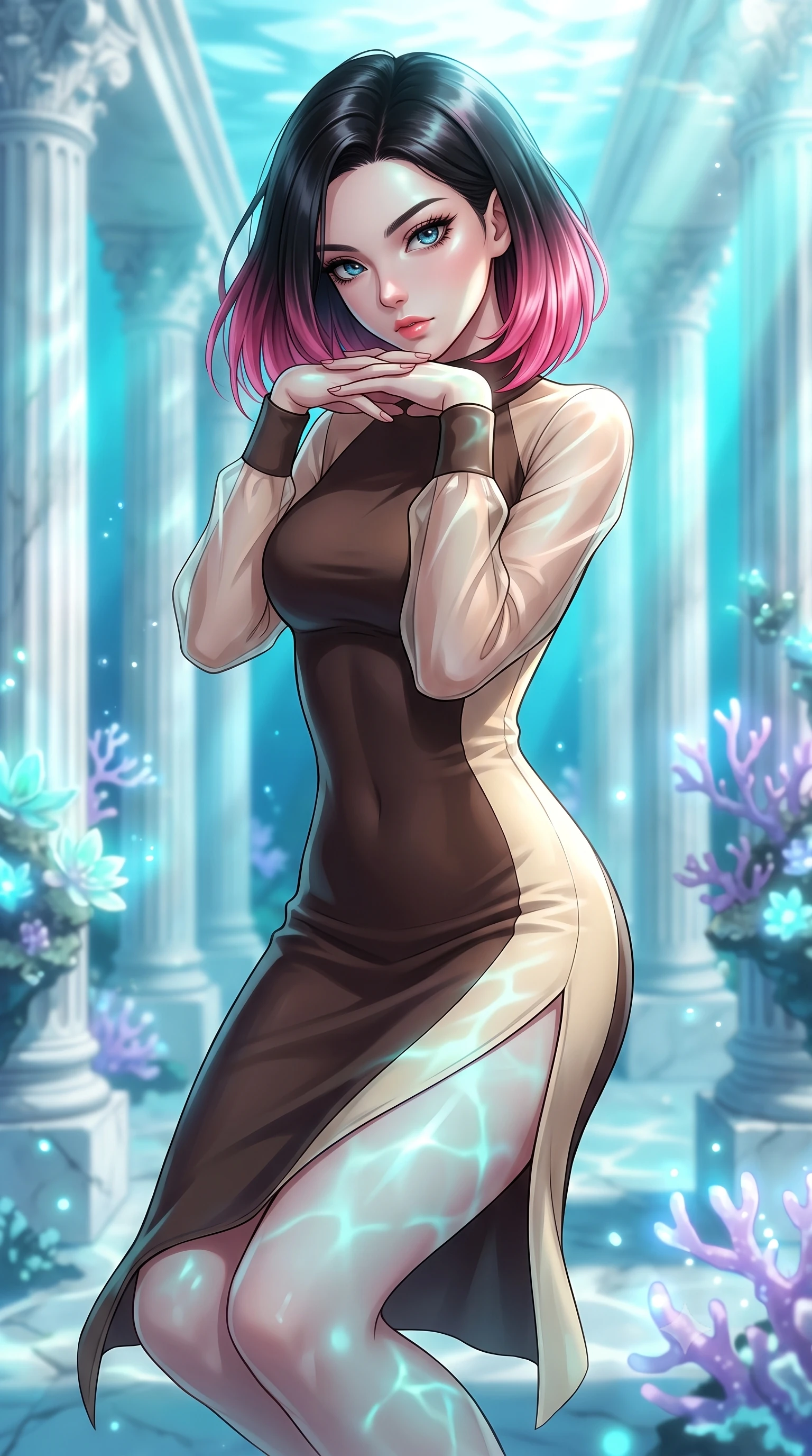 score_9, masterpiece, best quality, ultra-detailed, high-budget anime keyframe, editorial fashion photography, tasteful artistic composition, Korean woman. close-up cowboy shot from the waist and thighs up, the character dominates the composition, filling the frame with her large presence, background elements kept in soft focus. Resting her chin on the backs of her fingers, casting a sharp, mysterious gaze floating gracefully through a sunken white marble colonnade underwater, glowing coral blossoms emitting soft aqua and lavender light. She has an exceptionally elegant, slender, and willowy female figure with an ultra-slim waist, a gracefully sculpted slender torso, and a refined silhouette. sharp v-shaped jawline, high-bridge nose, intricate jewel-like eyes with depth, thick eyelashes, glossy lips with a natural sheen. wearing a sleek bodycon knit dress with sheer organza sleeve panels in espresso brown and warm cream, formed from sleek second-skin neoprene, finished with a sleek side slit ascending to mid-thigh, the sleek second-skin texture accentuating her magnetic presence. bathed in brilliant underwater sunbeams and soft turquoise caustic glow. highly saturated vibrant anime colors, detailed shading with soft gradients, rich glossy textures, high-contrast stereoscopic depth, volumetric dynamic lighting, master piece, 9:16 ratio