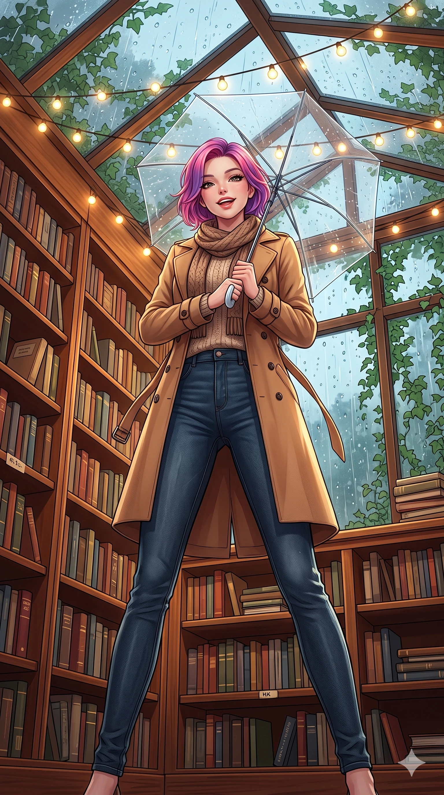 score_9, masterpiece, best quality, ultra-detailed, high-budget anime keyframe, vibrant anime aesthetic, Caucasian woman, strictly human ears. low angle full-body shot from head to toe showing her feet, filling the entire 9:16 vertical frame with her statuesque presence, stretching her vertical silhouette. She is holding a clear umbrella, looking up with a bright, joyful expression, gazing warmly at the viewer with a gentle tilt of her head. inside a cozy retro library corner with floor-to-ceiling bookshelves and a large window showing rain falling on green ivy (Code-P22-007). She has an absolutely perfect 8-heads proportion, an exceptionally tall and slender female figure with impossibly long slender legs and an ultra-slim waist. V-shaped jawline, high-bridge nose, intricate jewel-like eyes with depth, thick eyelashes, glossy lips with a natural sheen. wearing a stylish trench coat in camel over a knit pullover and dark denim jeans with a knitted scarf. She is lit by warm, glowing fairy lights strung across the glass conservatory roof, casting clean highlights that trace her slim waist in the rainy afternoon. 2k, ultra detail, master piece, 9:16 ratio