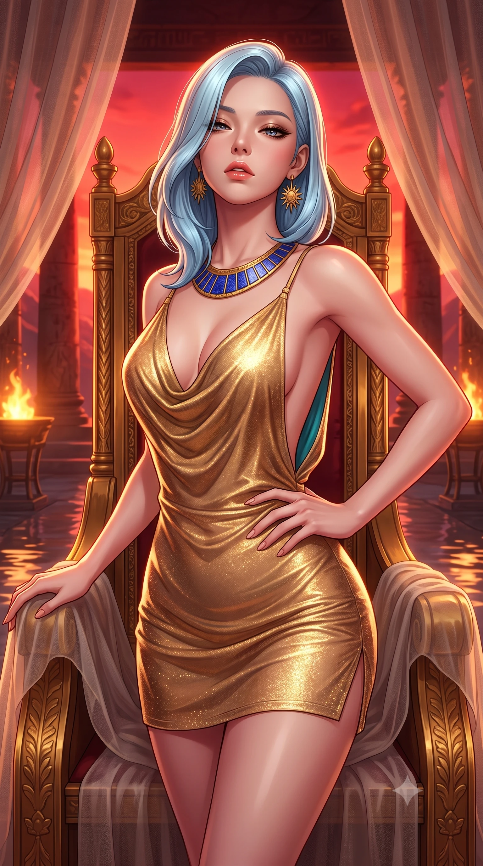 score_9, masterpiece, best quality, ultra-detailed, high-budget anime keyframe, semi-realistic 3D game render, editorial fashion photography, tasteful artistic composition, Korean woman. close-up cowboy shot from the waist and thighs up, the character dominates the composition, filling the frame with her large presence. tilting her chin up with proud, sovereign allure while gazing through thick eyelashes, one hand resting on her waist in pure supermodel charisma while stretching languidly across a golden throne draped in sheer gossamer linen, parted glossy lips reflecting flickering sacred brazier fires. The surrounding environment is rendered in vivid detail and crisp panoramic clarity. detailed hammered gold jewelry textures, pleated linen weave, and temple water reflections in high clarity. She has an exceptionally elegant, slender, and willowy female figure with an ultra-slim waist, a gracefully sculpted slender torso, toned flat midriff, and rounded feminine hips creating an alluring hourglass silhouette. sharp v-shaped jawline, high-bridge nose, intricate jewel-like eyes with depth, thick eyelashes, glossy parted lips with a natural sheen, intensely captivating and seductive bedroom-eyes expression, flawlessly proportioned anatomical accuracy, strict slender model proportions, natural body alignment, perfectly sculpted long slender limbs, ultra-slim waistline, clean dynamic posture without body distortion. wearing a backless draped gold lamé slip dress with an ultra-deep cowl back descending to the base of her spine in desert sand bronze and radiant turquoise, made of sheer contouring power-mesh with fine gold glitter flocking, complemented by a broad lapis lazuli collar necklace and sunburst earrings, the precision-cut side openings and low-back scoop framing her graceful spine and the sensual sweep of her hips. bathed in blazing crimson sunset backlighting and warm amber brazier fire uplights. highly saturated vibrant anime colors, detailed shading with soft gradients, rich glossy textures, high-contrast stereoscopic depth, volumetric dynamic lighting, master piece, 9:16 ratio