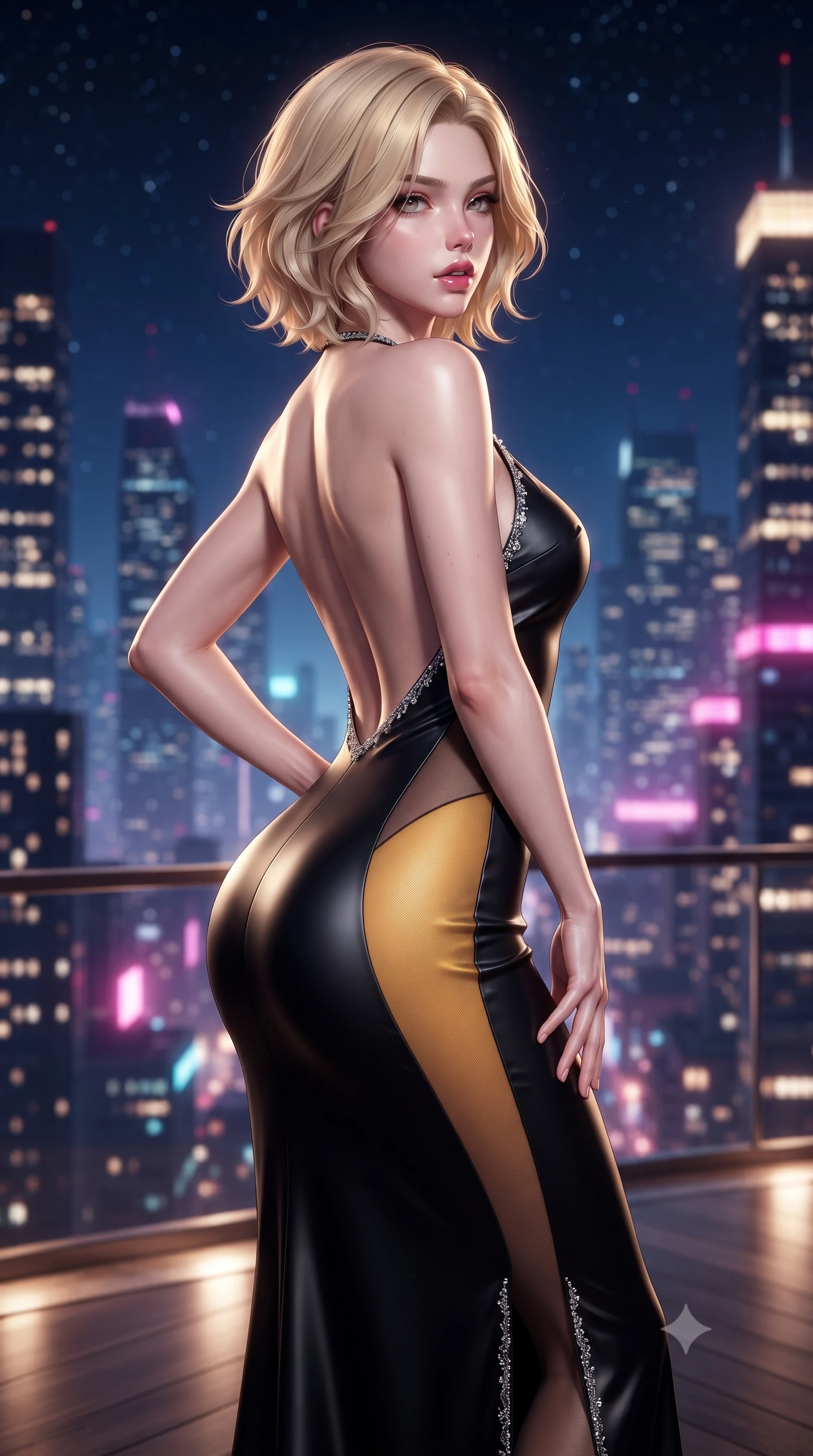score_9, masterpiece, best quality, ultra-detailed, high-budget anime keyframe, editorial fashion photography, tasteful artistic composition, Caucasian woman. close-up cowboy shot from the waist and thighs up, the character dominates the composition, filling the frame with her large presence. posing in an alluring rear three-quarter angle, arching her lower back in a pronounced S-curve with one hand on her hip, glancing seductively over her bare shoulder with parted glossy lips while pivoting gracefully on the polished balcony deck with hips shifted in a pronounced contrapposto stance, parted glossy lips reflecting city neon. The composition keeps background elements in soft focus with creamy bokeh. sprawling metropolis skyscraper light grids and starry midnight skies blurred into deep sapphire, magenta, and champagne-gold bokeh. She has an exceptionally elegant, slender, and willowy female figure with an ultra-slim waist, a gracefully sculpted slender torso, toned flat midriff, and rounded feminine hips creating an alluring hourglass silhouette. sharp v-shaped jawline, high-bridge nose, intricate jewel-like eyes with depth, thick eyelashes, glossy parted lips with a natural sheen, intensely captivating and seductive bedroom-eyes expression, flawlessly proportioned anatomical accuracy, strict slender model proportions, natural body alignment, perfectly sculpted long slender limbs, ultra-slim waistline, clean dynamic posture without body distortion. wearing a second-skin black silk jersey maxi dress with asymmetrical sheer mesh side panels tracing the full curve of her hip in molten amber-gold and dark gunmetal, tailored from ultra-smooth duchess satin with a pearlescent sheen, finished with delicate crystal embroidery along the neckline and hem, the dramatically scooped open back descending to the base of her spine, accentuating her razor-sharp statuesque lines and curvy hourglass silhouette. surrounded by a cosmopolitan, elite, and intensely magnetic modern royalty aura. ultra-reflective glossy finish, specular highlights, rich textural contrasts, high-contrast stereoscopic depth, volumetric dynamic lighting, 2k, ultra detail, master piece, 9:16 ratio