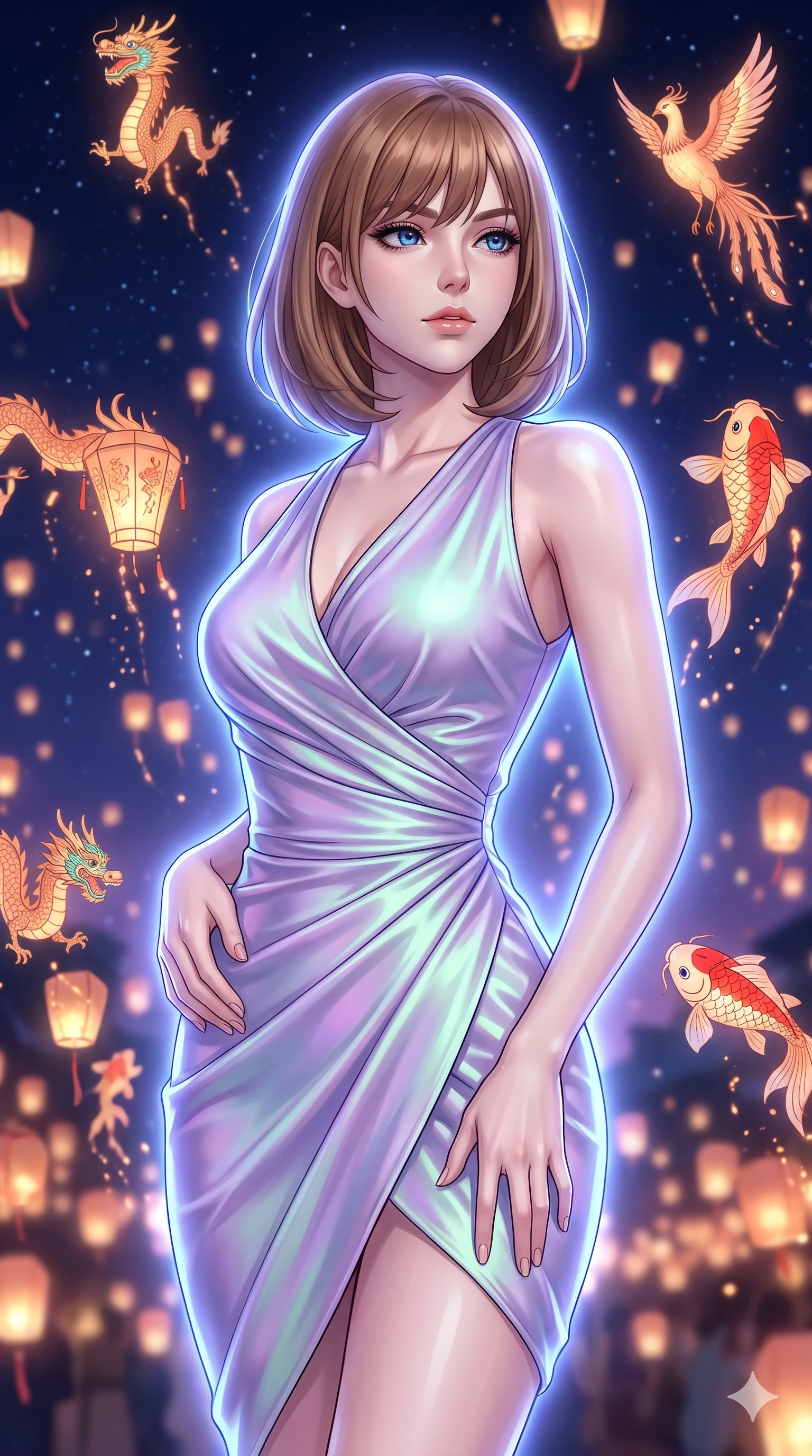 score_9, masterpiece, best quality, ultra-detailed, high-budget anime keyframe, editorial fashion photography, tasteful artistic composition, Caucasian woman, strictly human ears. close-up cowboy shot from the waist and thighs up, the character dominates the composition, filling the frame with her large presence, background elements kept in soft focus. Gazing past the camera with an air of effortless superiority. set against a soft-focus background of a moonlit festival where thousands of illuminated paper lanterns shaped like mythical creatures dragons phoenixes and koi fish float upward into a star-filled sky trailing warm light. She has an exceptionally elegant and slender, willowy female figure with an ultra-slim waist, a gracefully sculpted slender torso, and a refined slim physique. sharp v-shaped jawline, high-bridge nose, intricate jewel-like eyes with depth, thick eyelashes, glossy lips with a natural sheen. wearing a luminous satin wrap dress in a shifting holographic lavender-to-mint-green hue, draping and clinging to her slender waist with elegant precision. cool ethereal blue-violet bioluminescent glow wrapping around her from all sides. 2k, ultra detail, master piece, 9:16 ratio