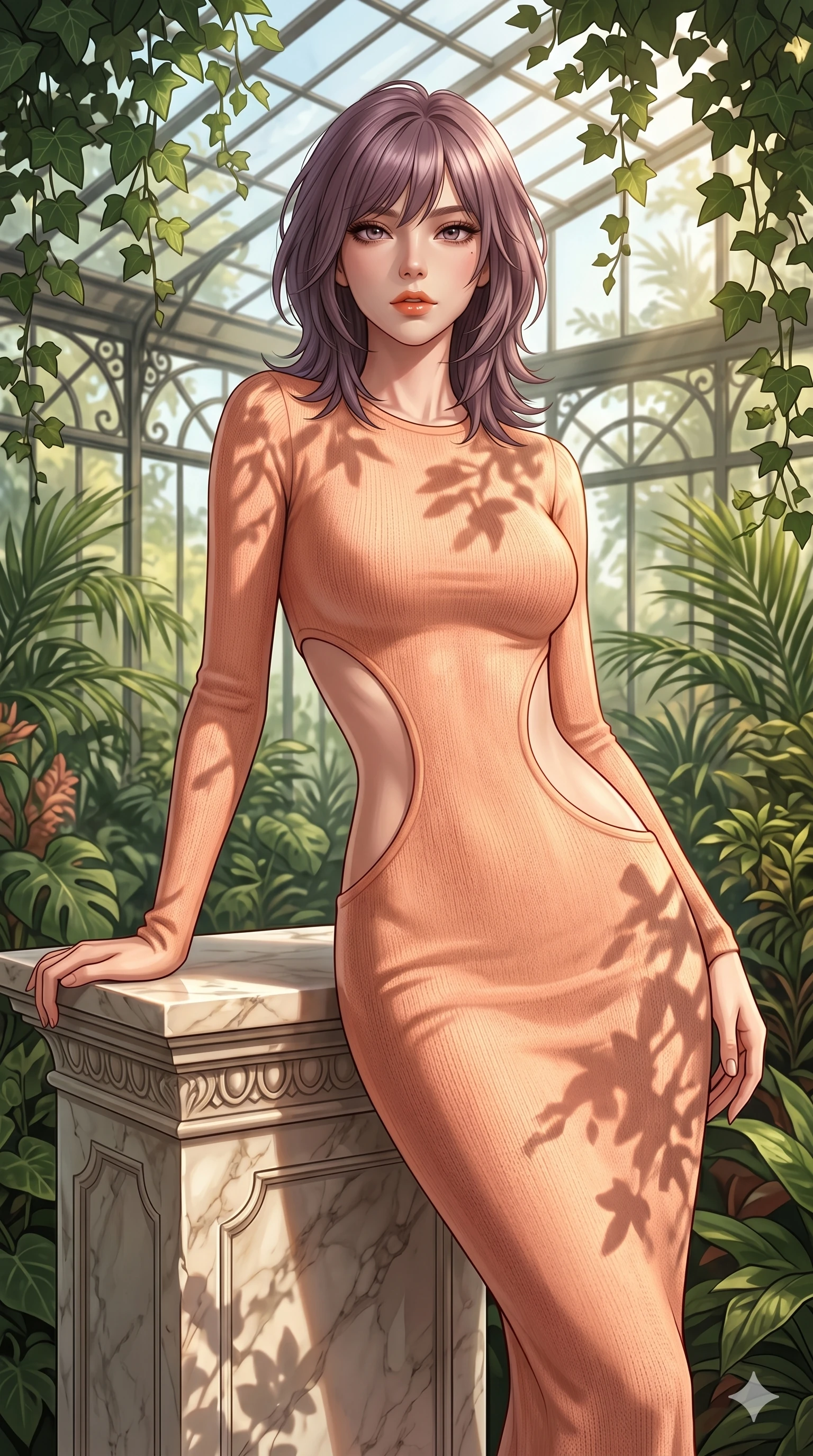 score_9, masterpiece, best quality, ultra-detailed, high-budget anime keyframe, editorial fashion photography, tasteful artistic composition, Japanese woman. cowboy shot from the thighs up, character and outfit filling the frame for maximum editorial presence. leaning back against a marble pedestal, looking at the viewer with an air of effortless superiority inside a private sun-washed greenhouse conservatory (Code-P16-012). She has an absolutely perfect 8-heads proportion, an exceptionally tall and slender female figure with impossibly long slender legs and an ultra-slim waist. V-shaped jawline, high-bridge nose, intricate jewel-like eyes with depth, thick eyelashes, glossy lips with a natural sheen. wearing a glove-like peach knit dress with strategic curved cutouts at the waist and hip. drenched in brilliant afternoon sunshine, casting shadows of hanging ivy leaves over her form. 2k, ultra detail, master piece, 9:16 ratio