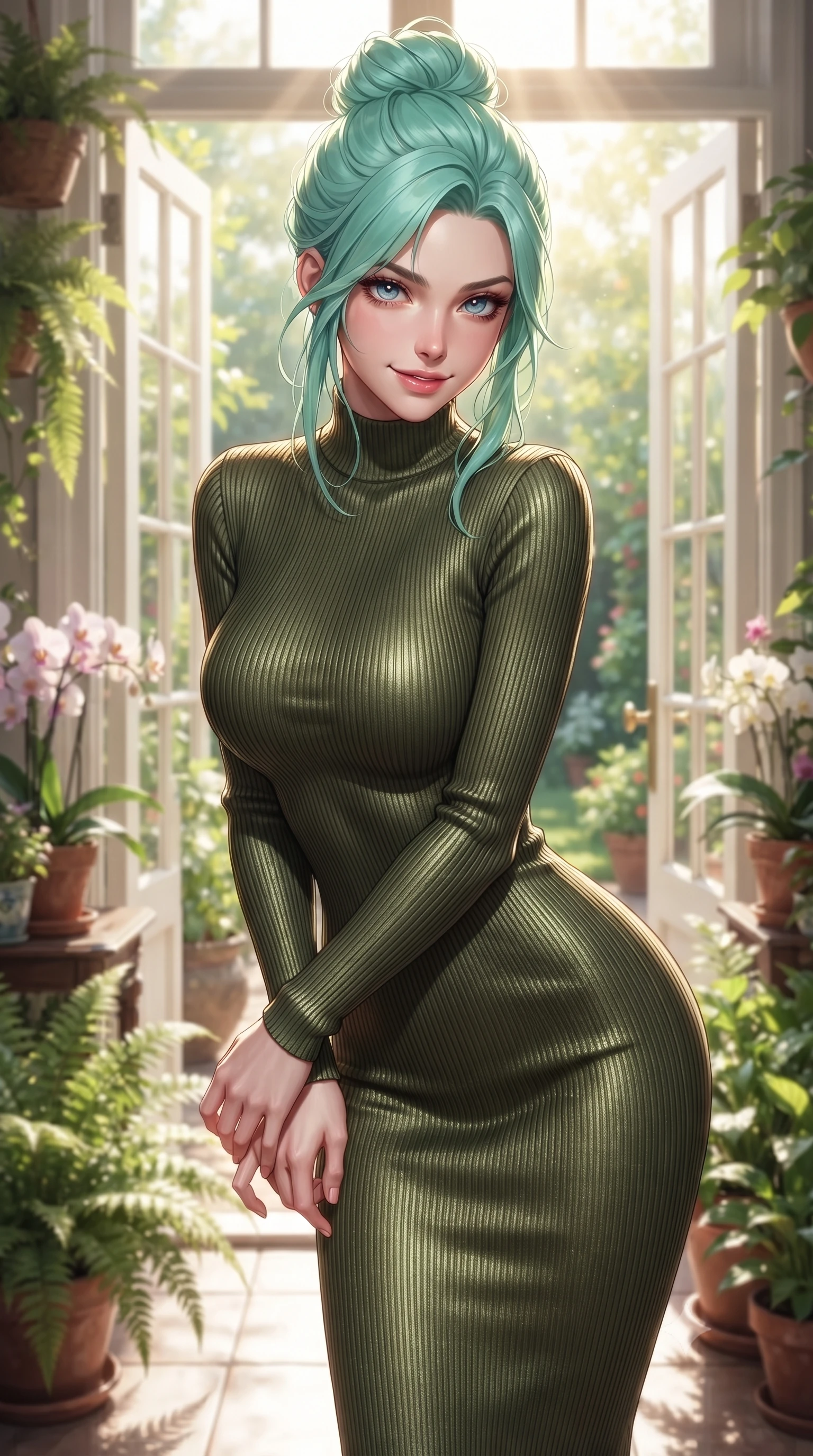 score_9, masterpiece, best quality, ultra-detailed, high-budget anime keyframe, editorial fashion photography, tasteful artistic composition, Japanese woman. close-up cowboy shot from the waist and thighs up, the character dominates the composition, filling the frame with her large presence, background elements kept in soft focus. leaning slightly forward with a playful, teasing smile, her gaze locked onto the viewer the background shows a soft-focus a private sun-drenched botanical patio with double glass doors opening to a garden. She has an exceptionally elegant, slender, and willowy female figure with an ultra-slim waist, a gracefully sculpted slender torso, and a refined silhouette. sharp v-shaped jawline, high-bridge nose, intricate jewel-like eyes with depth, thick eyelashes, glossy lips with a natural sheen. wearing a body-hugging form-contouring ribbed knit bodycon midi dress in olive green, tracing her slender silhouette with a high neck. bright afternoon sun rays illuminating the entire green space and her form. ultra-reflective glossy finish, specular highlights, metallic sheen, high-contrast stereoscopic depth, volumetric dynamic lighting, 2k, ultra detail, master piece, 9:16 ratio