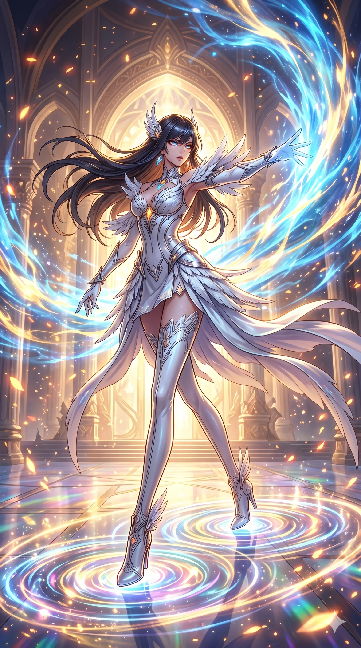 score_9, masterpiece, best quality, ultra-detailed, Set A: High-budget Anime Keyframe, Japanese woman. Low angle cowboy shot filling the entire 9:16 frame with her statuesque presence. Theme: Ethereal Dream. unleashing a massive energy wave in a temple made of solid light, as she steps on ripples of time that distort the space 191. The atmosphere is filled with golden hour with floating embers. She has an absolutely perfect 8-heads proportion, an exceptionally tall and slender female figure with impossibly long slender legs and an ultra-slim waist. Sharp v-shaped jawline, high-bridge nose, intricate jewel-like eyes with depth, glossy lips. Wearing Elegant swan-inspired tech-outfit with white feathers and glowing silver accents. Cinematic lighting, vivid colors, dramatic shadows, 2k, ultra detail, master piece, 9:16 ratio