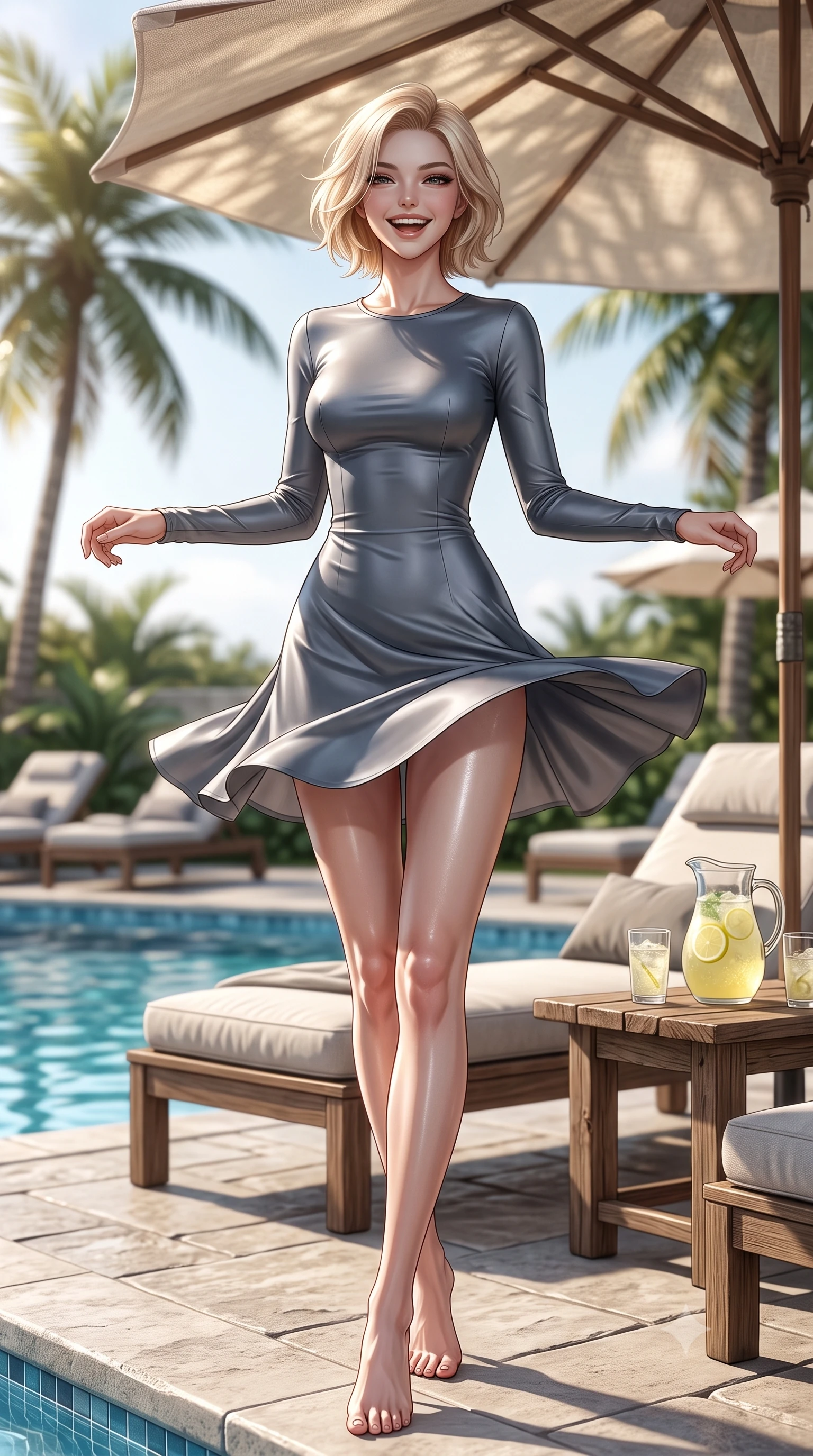 score_9, masterpiece, best quality, ultra-detailed, high-budget anime keyframe, editorial fashion photography, tasteful artistic composition, Caucasian woman. low angle full-body shot from head to toe showing her feet, filling the entire 9:16 vertical frame with her statuesque presence, stretching her vertical silhouette. twirling around with a playful, sensual laugh, her dress fluttering elegantly to accent her waistline set against a soft-focus background of next to a sparkling resort swimming pool with comfortable sun loungers and palms with a pitcher of cold lemonade and glasses on a rustic wooden table. She has an absolutely perfect, statuesque 8.5-heads proportion, an exceptionally tall and slender model-like female figure with impossibly long slender legs and an ultra-slim waist. sharp v-shaped jawline, high-bridge nose, intricate jewel-like eyes with depth, thick eyelashes, glossy lips with a natural sheen. wearing tailored body-hugging long-sleeve silk dress in slate grey, following her form elegantly. dappled sunlight filtering through the canvas umbrella onto her skin. ultra-reflective glossy finish, specular highlights, metallic sheen, high-contrast stereoscopic depth, volumetric dynamic lighting, 2k, ultra detail, master piece, 9:16 ratio