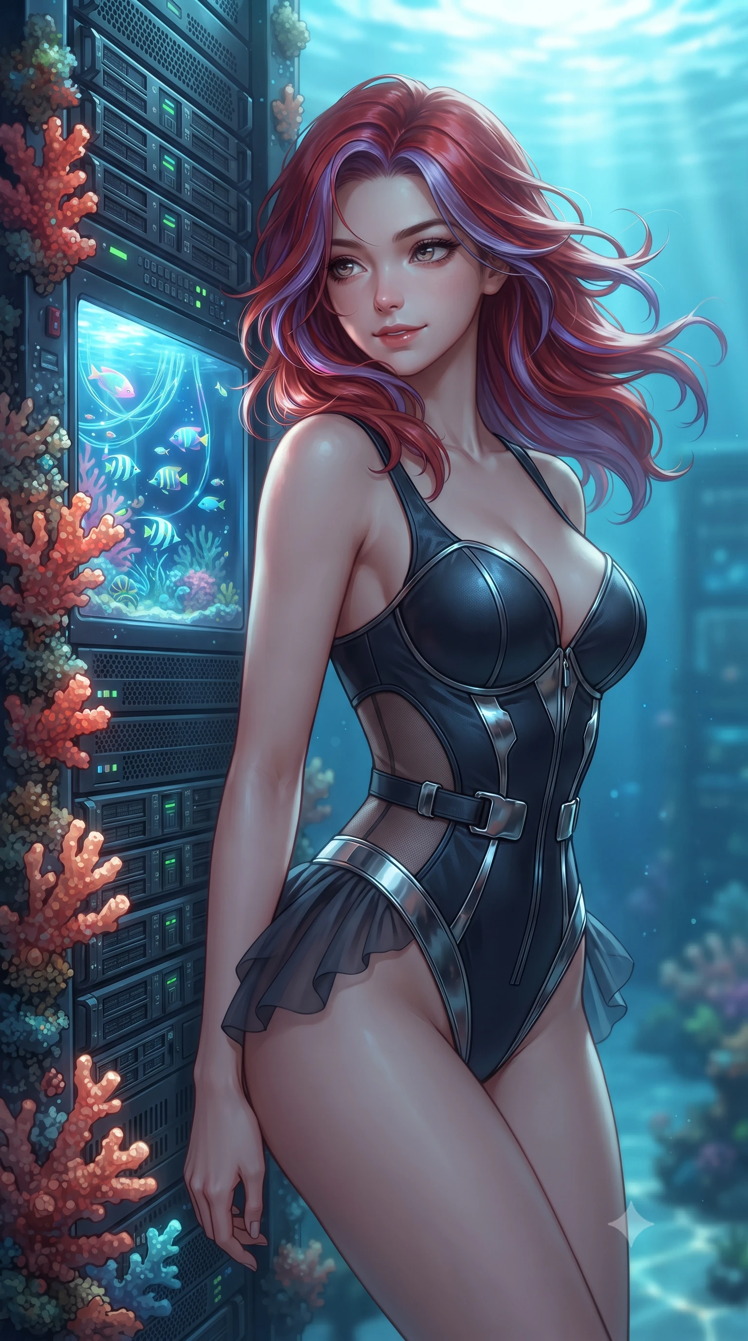 score_9, masterpiece, best quality, ultra-detailed, high-budget anime keyframe, editorial fashion photography, tasteful artistic composition, Caucasian woman. close-up cowboy shot from the waist and thighs up, the character dominates the composition, filling the frame with her large presence. turning slowly with an enchanting smoldering smile, her glossy hair tossing in the breeze as her hips angle gracefully in a captivating contrapposto while leaning against the coral-encrusted server rack with hips cocked back, watching luminescent neon reef fish dart through fiber-optic cables with smoldering bedroom-eyes. The background shows a soft-focus sunlight caustics filtering through pristine tropical ocean softened in submerged data sanctuary shallow focus. She has an exceptionally elegant, slender, and willowy female figure with an ultra-slim waist, flat toned midriff, narrow ribcage, and sculpted feminine hips creating an alluring, slim hourglass silhouette without bulk. sharp v-shaped jawline, high-bridge nose, intricate jewel-like sparkling eyes with depth, thick eyelashes, glossy parted lips with a natural peach sheen, bright cheerful beaming smile with an enchanting and coquettish sensual glint, exuding both youthful cute charm and seductive allure, flawlessly proportioned anatomical accuracy, strict slender model proportions, natural body alignment, perfectly sculpted long slender limbs, ultra-slim waistline, clean dynamic posture without body distortion. wearing an alluring plunging sweetheart tactical bodice with sheer mesh side-waist cutouts contouring her ribs in midnight carbon navy and polished chrome, featuring strategic sheer-illusion tulle side panels framing her ribcage and hips, finished with sleek magnetic buckle closures fluttering in the breeze, the form-contouring silhouette accentuating her sculpted flat midriff, narrow delicate ribcage, and gracefully curvy hips with intoxicating allure. bathed in the glowing natural fluorescence of deep corals combined with warm 2500K interior recessed cove lighting. ultra-reflective glossy finish, specular highlights, rich textural contrasts, high-contrast stereoscopic depth, volumetric dynamic lighting, 2k, ultra detail, master piece, 9:16 ratio