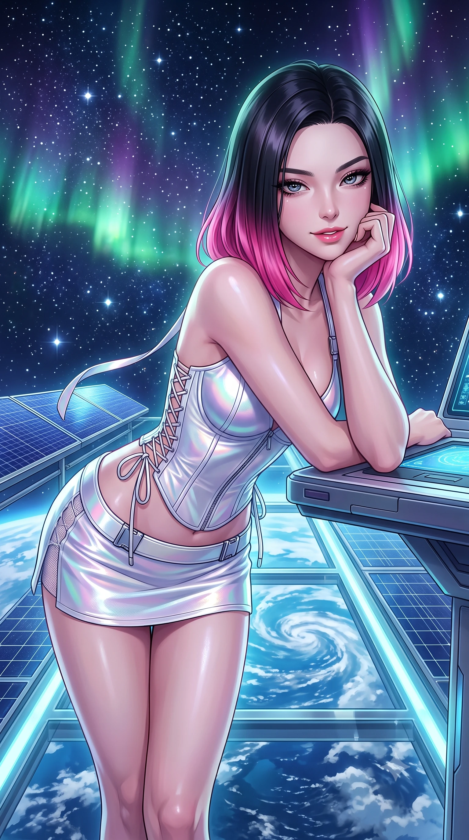 score_9, masterpiece, best quality, ultra-detailed, high-budget anime keyframe, semi-realistic 3D game render, editorial fashion photography, tasteful artistic composition, Korean woman. close-up cowboy shot from the waist and thighs up, the character dominates the composition, filling the frame with her large presence. resting one elbow on the table and supporting her chin, leaning close to the camera with heavy-lidded sparkling eyes and parted lips while standing poised on the completely transparent cantilevered catwalk directly above swirling blue ocean clouds of Earth, arching her back with breathless anime heroine charisma. The surrounding environment is rendered in vivid detail and crisp panoramic clarity: sharp transparent titanium deck grid, solar panel photovoltaic cell textures, and brilliant cosmic stars in deep focus. She has an exceptionally elegant, slender, and willowy female figure with an ultra-slim waist, flat toned midriff, narrow ribcage, and sculpted feminine hips creating an alluring, slim hourglass silhouette without bulk. sharp v-shaped jawline, high-bridge nose, intricate jewel-like sparkling eyes with depth, thick eyelashes, glossy parted lips with a natural peach sheen, bright cheerful beaming smile with an enchanting and coquettish sensual glint, exuding both youthful cute charm and seductive allure, flawlessly proportioned anatomical accuracy, strict slender model proportions, natural body alignment, perfectly sculpted long slender limbs, ultra-slim waistline, clean dynamic posture without body distortion. wearing a sculpted satin cyber-corset with lace-up side ties paired with a low-rise micro skirt in holographic prismatic pearl and titanium white, crafted from stretch micro-mesh with liquid foil coating that shimmers with every movement, finished with sleek magnetic buckle closures fluttering in the breeze, the high-slit wrap tailoring accentuating her ultra-slim waistline and the enchanting curve of her feminine hips with alluring seductive charm. bathed in iridescent green and purple polar aurora luminescence mixed with crisp white starlight. highly saturated vibrant anime colors, detailed shading with soft gradients, rich glossy textures, high-contrast stereoscopic depth, volumetric dynamic lighting, master piece, 9:16 ratio