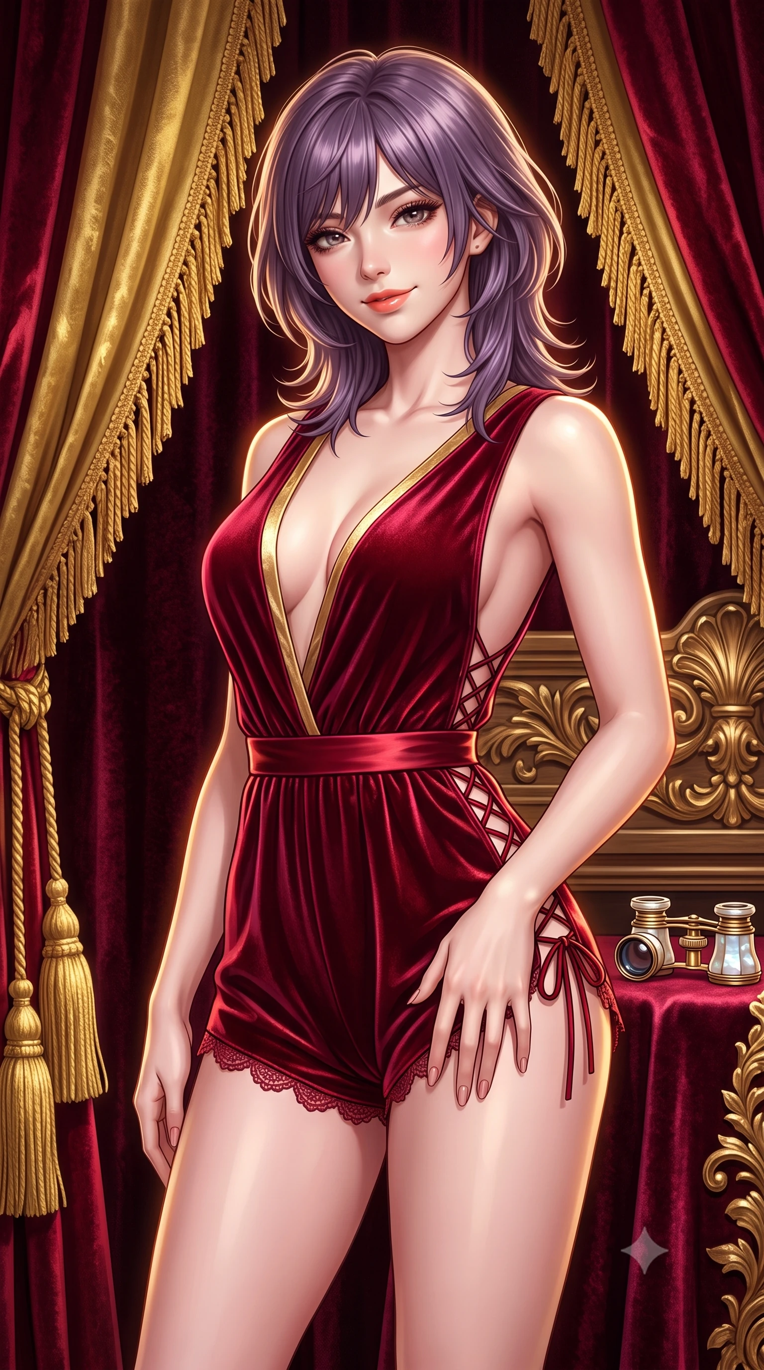 score_9, masterpiece, best quality, ultra-detailed, high-budget anime keyframe, semi-realistic 3D game render, editorial fashion photography, tasteful artistic composition, Japanese woman. close-up cowboy shot from the waist and thighs up, the character dominates the composition, filling the frame with her large presence. tilting her head with a teasing half-smile, running one hand slowly down the side of her hip in a flirtatious S-curve as ambient light caresses her silhouette while twisting her slender torso in an alluring S-curve, heavy gold-tasseled velvet drapes framing her form-fitting ballet bodice and curvy hips. The surrounding environment is rendered in vivid detail and crisp panoramic clarity: sharp deep-pile velvet fabric texture, gilded wood relief carvings, and mother-of-pearl opera glass clarity in deep focus. She has an exceptionally elegant, slender, and willowy female figure with an ultra-slim waist, flat toned midriff, narrow ribcage, and sculpted feminine hips creating an alluring, slim hourglass silhouette without bulk. sharp v-shaped jawline, high-bridge nose, sparkling eyes with hypnotic seductive depth, thick curled eyelashes, glossy parted lips with a natural dewy peach sheen, alluring bedroom-eyes with an enchanting coquettish smile, exuding magnetic siren charisma and sophisticated glamour, flawlessly proportioned anatomical accuracy, strict slender model proportions, natural body alignment, perfectly sculpted long slender limbs, ultra-slim waistline, clean dynamic posture without body distortion. wearing a deep V-neck silk satin ballerina romper with scalloped eyelash-lace hems and a cinched satin waist ribbon in royal opera house crimson velvet and shimmering gold leaf, tailored from ultra-plush velvet with rich tactile depth and deep shadow gradients, finished with fine criss-cross lace-up side ties revealing tantalizing glimpses of her hip curve, the form-contouring silhouette accentuating her sculpted flat midriff, narrow delicate ribcage, and gracefully curvy hips with intoxicating allure. illuminated by velvet bounce fill and sharp warm-gold rim lights defining her delicate clavicles, narrow waist, and curvaceous hips. highly saturated vibrant anime colors, detailed shading with soft gradients, rich glossy textures, high-contrast stereoscopic depth, volumetric dynamic lighting, master piece, 9:16 ratio