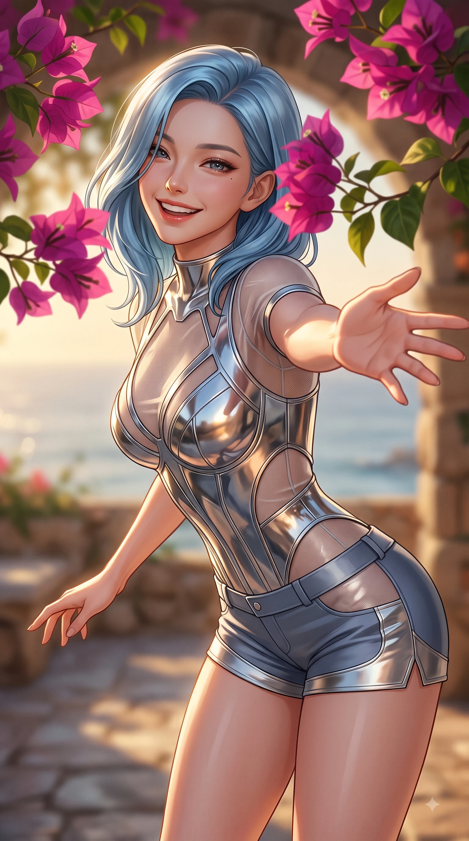 score_9, masterpiece, best quality, ultra-detailed, high-budget anime keyframe, editorial fashion photography, tasteful artistic composition, Korean woman. close-up cowboy shot from the waist and thighs up, the character dominates the composition, filling the frame with her large presence, background elements kept in soft focus. Joyful laughing expression filled with genuine happiness and warmth, leaning forward with cheerful energy while reaching her arm out toward the ocean breeze while looking back with a warm delightful smile, vivid magenta bougainvillea blossoms creating colorful framing around her smiling face. She has an exceptionally elegant, slender, and willowy female figure with an ultra-slim waist, a gracefully sculpted slender torso, and a refined silhouette. sharp v-shaped jawline, high-bridge nose, intricate jewel-like eyes with depth, thick eyelashes, glossy lips with a natural sheen, flawlessly proportioned anatomical accuracy, natural body alignment, perfectly sculpted elegant limbs, clean dynamic posture without body distortion. wearing a chrome-plated structured bodice worn over a sheer mesh top and micro-shorts in slate blue and metallic silver, woven from fine semi-opaque sheer organza, featuring clean architectural cutouts along her slender torso, the sleek second-skin texture accentuating her magnetic presence. illuminated by warm golden sunlight with soft terracotta ambient fill. ultra-reflective glossy finish, specular highlights, metallic sheen, high-contrast stereoscopic depth, volumetric dynamic lighting, 2k, ultra detail, master piece, 9:16 ratio