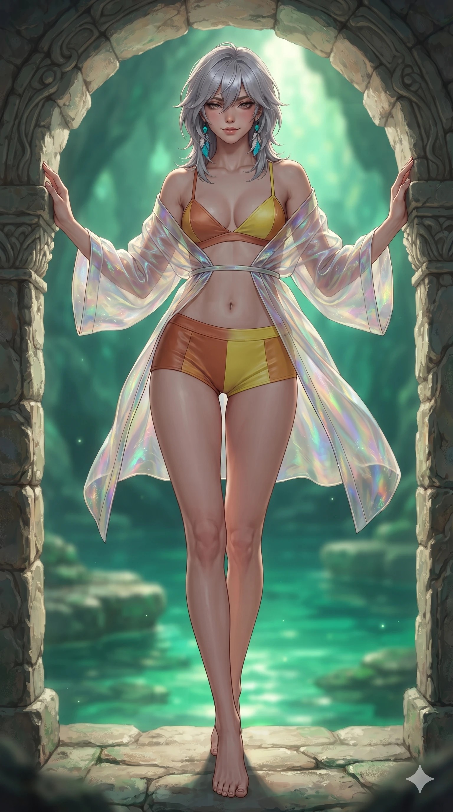 score_9, masterpiece, best quality, ultra-detailed, high-budget anime keyframe, editorial fashion photography, tasteful artistic composition, Japanese woman. low angle full-body shot from head to toe showing her feet, filling the entire 9:16 vertical frame with her statuesque presence, stretching her vertical silhouette. stepping forward in a confident stride, her long slender legs and curvaceous hips creating a dynamic, sweeping vertical line while leaning against the sculpted stone portal with hips cocked back, looking through the sea cave opening with heavy-lidded seductive bedroom-eyes. The background shows a soft-focus luminous emerald-green cavern water, submerged limestone ledges, and sunlight piercing cave portals blurred into jade, tourmaline, and gold bokeh. She has an absolutely perfect, statuesque 8.5-heads proportion, an exceptionally tall and slender model-like female figure with impossibly long slender legs, an ultra-slim waist, a flat toned midriff, narrow delicate ribcage, and beautifully sculpted feminine hips creating a graceful, slim hourglass silhouette without any bulky heaviness. sharp v-shaped jawline, high-bridge nose, sparkling eyes with hypnotic seductive depth, thick curled eyelashes, glossy parted lips with a natural dewy peach sheen, alluring bedroom-eyes with an enchanting coquettish smile, exuding magnetic siren charisma and sophisticated glamour, flawlessly proportioned anatomical accuracy, strict slender model proportions, natural body alignment, perfectly sculpted long slender limbs, ultra-slim waistline, clean dynamic posture without body distortion. wearing a translucent iridescent organza beach kimono slipping off bare shoulders over a matching satin micro-bralette and micro-shorts in sun-kissed terracotta and Amalfi lemon yellow, woven from buttery-soft stretch lambskin leather adhering to her body like a second skin, accented with turquoise and silver bohemian feather earrings swaying near her bare neck, the liquid-tight tailored fabric clinging flawlessly to her narrow waist and rounded feminine hips, emphasizing every millimeter of her sculpted slim hourglass curves without any bulky heaviness. illuminated by jade water bounce and sharp golden-emerald rim lights defining her razor-sharp jawline, narrow waist, and curvy hips. ultra-reflective glossy finish, specular highlights, rich textural contrasts, high-contrast stereoscopic depth, volumetric dynamic lighting, 2k, ultra detail, master piece, 9:16 ratio