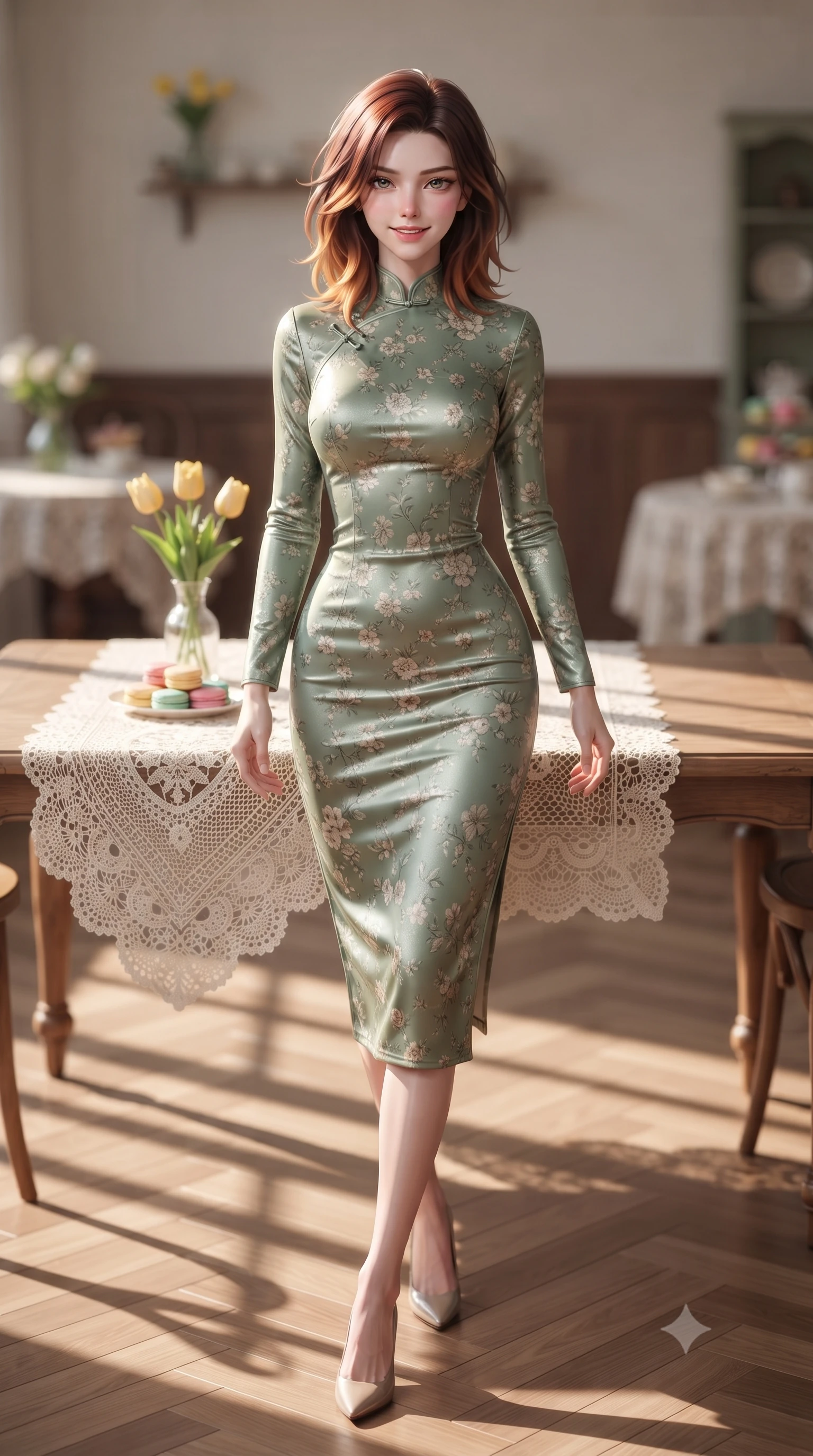 score_9, masterpiece, best quality, ultra-detailed, high-budget anime keyframe, editorial fashion photography, tasteful artistic composition, Korean woman. low angle full-body shot from head to toe showing her feet, filling the entire 9:16 vertical frame with her statuesque presence, stretching her vertical silhouette. stepping forward with an alluring, magnetic smile, her graceful posture highlighting her statuesque silhouette set against a soft-focus background of in a charming retro tea room with lace table runners and ceramic teapots with a small vase of yellow tulips and a plate of colorful macarons on the table. She has an absolutely perfect, statuesque 8.5-heads proportion, an exceptionally tall and slender model-like female figure with impossibly long slender legs and an ultra-slim waist. sharp v-shaped jawline, high-bridge nose, intricate jewel-like eyes with depth, thick eyelashes, glossy lips with a natural sheen. wearing body-hugging lovely floral print midi dress in sage green, featuring a high collar and long sleeves. soft afternoon sunlight casting shadows of window panes on the wooden table. ultra-reflective glossy finish, specular highlights, metallic sheen, high-contrast stereoscopic depth, volumetric dynamic lighting, 2k, ultra detail, master piece, 9:16 ratio