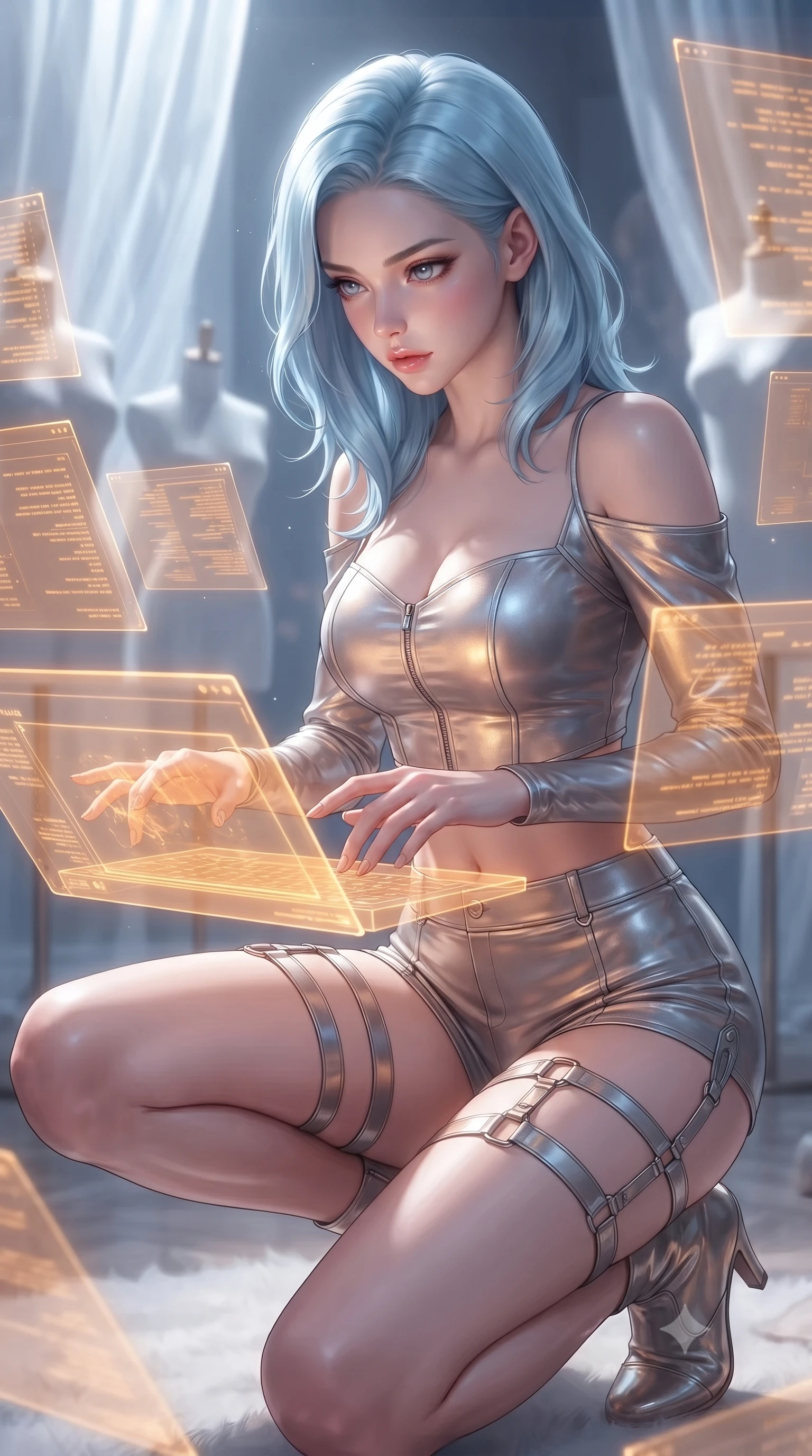score_9, masterpiece, best quality, ultra-detailed, high-budget anime keyframe, editorial fashion photography, tasteful artistic composition, realistic cosplay photography, Korean woman. close-up cowboy shot from the waist and thighs up, the character dominates the composition, filling the frame with her large presence, background elements kept in soft focus. Hacking a security terminal in a low crouch, fingers moving in a blur as amber code screens surround her. set against a soft-focus background of a luxury design room with three-dimensional holographic fabric models floating in the air around the character. She has an exceptionally elegant and slender, willowy female figure with an ultra-slim waist, a gracefully sculpted slender torso, and a refined slim physique. sharp v-shaped jawline, high-bridge nose, intricate jewel-like eyes with depth, thick eyelashes, glossy lips with a natural sheen. wearing catching and diffusing the glowing particles, shimmering softly in response to the surrounding light, a body-hugging cyber-warrior corset-style crop top with exposed shoulders, paired with high-waisted micro-shorts and metallic thigh straps. cold silver moonlight filtered through translucent gossamer curtains casting delicate shadows. ultra-reflective glossy finish, specular highlights, metallic sheen, high-contrast stereoscopic depth, volumetric dynamic lighting, 2k, ultra detail, master piece, 9:16 ratio
