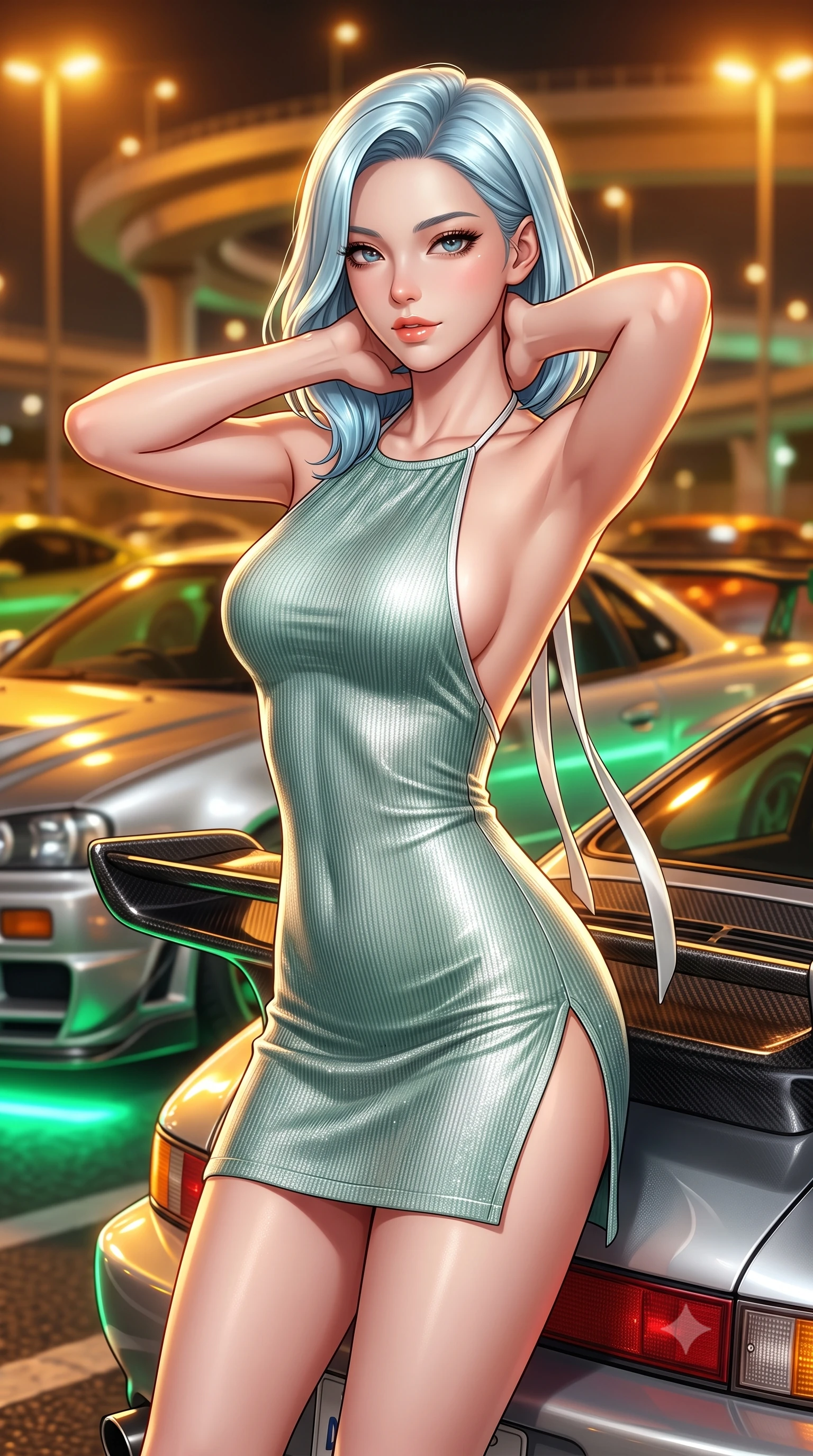 score_9, masterpiece, best quality, ultra-detailed, high-budget anime keyframe, semi-realistic 3D game render, editorial fashion photography, tasteful artistic composition, Korean woman. close-up cowboy shot from the waist and thighs up, the character dominates the composition, filling the frame with her large presence. resting both hands lightly behind her neck with elbows raised, arching her spine to highlight her narrow waist, flat midriff, and breathtaking collarbones while leaning against the sleek rear spoiler of a customized vintage sports car with hips cocked back, casting a daring bedroom-gaze. The background shows a soft-focus gleaming sports car hoods, spiral overpass expressway ramps, and sodium parking lamps blurred into molten amber, neon green, and silver bokeh. She has an exceptionally elegant, slender, and willowy female figure with an ultra-slim waist, flat toned midriff, narrow ribcage, and sculpted feminine hips creating an alluring, slim hourglass silhouette without bulk. sharp v-shaped jawline, high-bridge nose, sparkling eyes with hypnotic seductive depth, thick curled eyelashes, glossy parted lips with a natural dewy peach sheen, alluring bedroom-eyes with an enchanting coquettish smile, exuding magnetic siren charisma and sophisticated glamour, flawlessly proportioned anatomical accuracy, strict slender model proportions, natural body alignment, perfectly sculpted long slender limbs, ultra-slim waistline, clean dynamic posture without body distortion. wearing a slinky backless halterneck column mini dress in shimmering stretch lurex with deep side slits in moonlit jade green and pure alabaster white with silver accents, tailored from fine ribbed modal knit with gentle elastic contouring and soft hand-feel, finished with long silk ribbon ties fluttering down her bare spine from a backless halter, the form-contouring silhouette accentuating her sculpted flat midriff, narrow delicate ribcage, and gracefully curvy hips with intoxicating allure. bathed in warm industrial sodium-vapor parking floodlights mixed with vibrant car neon underglow. highly saturated vibrant anime colors, detailed shading with soft gradients, rich glossy textures, high-contrast stereoscopic depth, volumetric dynamic lighting, master piece, 9:16 ratio
