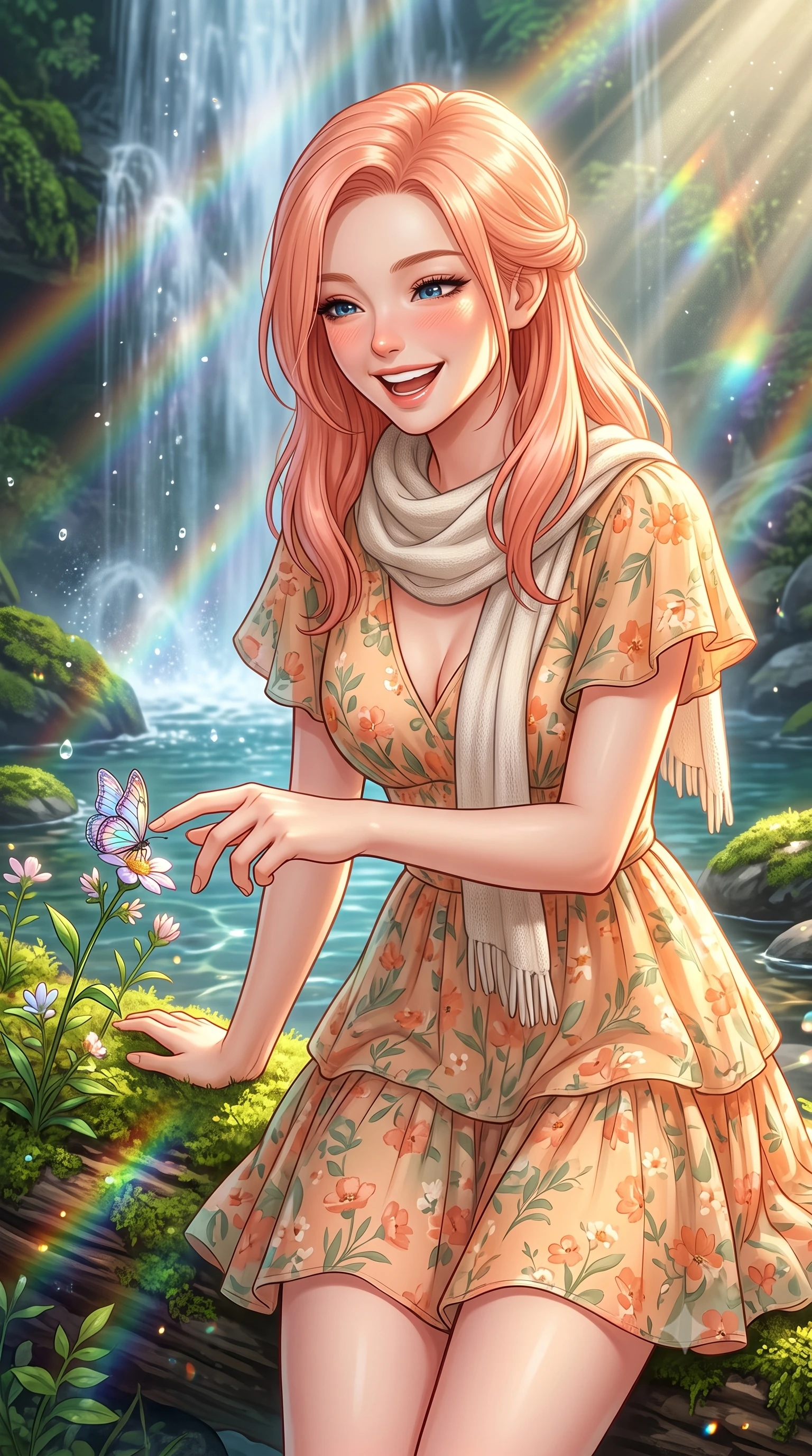 score_9, masterpiece, best quality, ultra-detailed, high-budget anime keyframe, semi-realistic 3D game render, editorial fashion photography, tasteful artistic composition, Japanese woman. close-up cowboy shot from the waist and thighs up, the character dominates the composition, filling the frame with her large presence. laughing cheerfully with genuine delight, eyes crinkling sweetly as natural golden sunlight illuminates her glowing cheeks while reaching out playfully to touch a delicate iridescent forest butterfly resting on a wildflower blossom. The surrounding environment is rendered in vivid detail and crisp panoramic clarity. sharp cascading waterfall droplets, velvet moss textures on river stones, and clear pool caustics in deep focus. She has an exceptionally elegant, slender, and willowy female figure with an ultra-slim waist, a gracefully sculpted slender torso, toned flat midriff, and a refined slim silhouette. sharp v-shaped jawline, high-bridge nose, intricate jewel-like eyes with depth, thick eyelashes, glossy lips with a natural sheen, pure and lovely fresh girlhood expression, flawlessly proportioned anatomical accuracy, strict slender model proportions, natural body alignment, perfectly sculpted long slender limbs, ultra-slim waistline, clean dynamic posture without body distortion. wearing a breezy tiered chiffon sundress with delicate floral print and short flutter sleeves in warm apricot and sage green, knitted from ultra-soft cozy baby-cashmere yarn, finished with a lightweight knitted scarf draped loosely around her neck, the body-hugging lightweight knit clinging delicately to her slender torso, accentuating her graceful neck and feminine lines. bathed in ethereal sunbeams piercing through waterfall mist, creating radiant rainbow refractions. highly saturated vibrant anime colors, detailed shading with soft gradients, rich glossy textures, high-contrast stereoscopic depth, volumetric dynamic lighting, master piece, 9:16 ratio