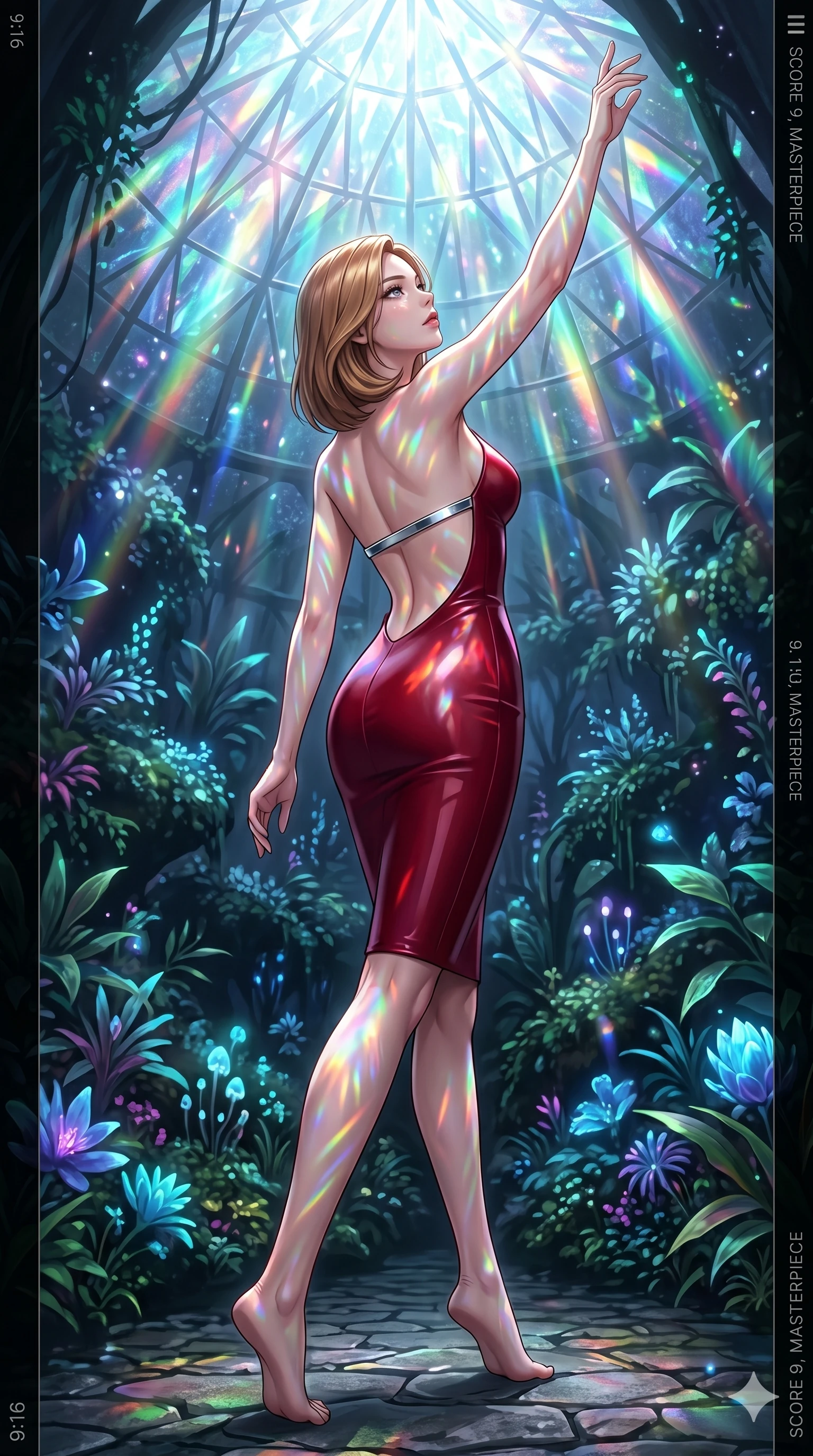 score_9, masterpiece, best quality, ultra-detailed, high-budget anime keyframe, editorial fashion photography, tasteful artistic composition, Korean woman. low angle full-body shot from head to toe showing her feet, filling the entire 9:16 vertical frame with her statuesque presence, stretching her vertical silhouette. Gliding forward with one arm sweeping upward toward the sky within a prismatic rain-forest dome where bioluminescent plants pulse softly in the dark. She has an absolutely perfect 8-heads proportion, an exceptionally tall and slender female figure with impossibly long slender legs and an ultra-slim waist. V-shaped jawline, high-bridge nose, intricate jewel-like eyes with depth, thick eyelashes, glossy lips with a natural sheen. wearing a structured deep-cherry-red fashion-latex fitted dress with a clean architectural front and a dramatic open-back design with a single criss-cross strap in chrome across the bare back. illuminated by cascading rainbow prismatic light refracting through crystal overhead and casting patterns on her skin. 2k, ultra detail, master piece, 9:16 ratio