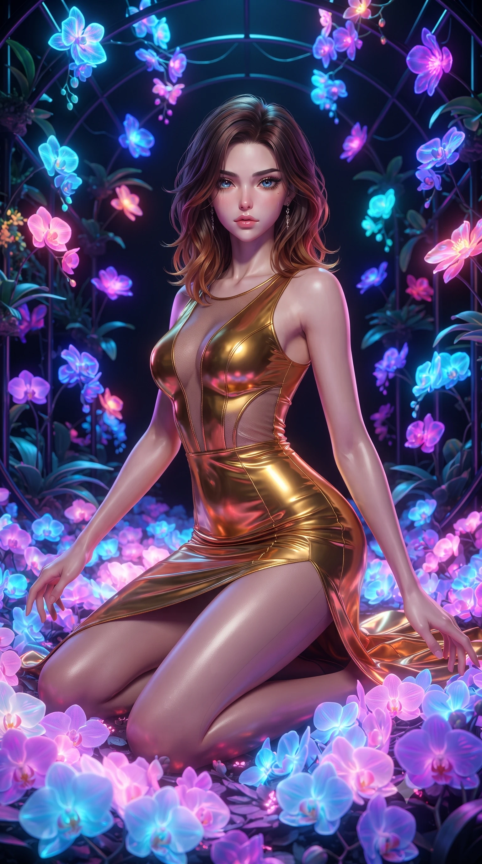 score_9, masterpiece, best quality, ultra-detailed, High-budget Anime Keyframe, editorial fashion photography, tasteful artistic composition, realistic cosplay photography, East Asian woman. Low angle cowboy shot filling the entire 9:16 frame with her statuesque presence. Scenario 284: kneeling on a soft bed of glowing neon orchids under a virtual garden where neon flowers bloom in the dark. Her presence is magnetic and overpowering in this high-budget cinematic scene. Outfit 284: a body-hugging molten liquid silk gold with a sheer panels and wet-look texture. The clothing is designed to emphasize her exceptionally tall and slender 8-heads proportion. 8-heads proportion, towering silhouette, ultra-slim waist. sharp v-shaped jawline, intricate jewel-like eyes with depth, thick eyelashes, glossy lips. ultra-reflective glossy finish, specular highlights, metallic sheen, high-contrast stereoscopic depth, volumetric dynamic lighting, 2k, ultra detail, master piece, 9:16 ratio