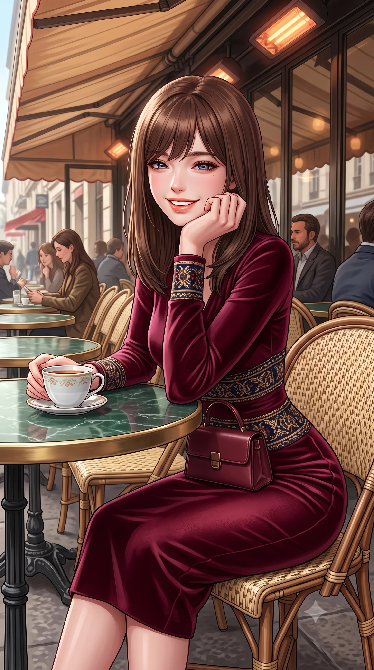 score_9, masterpiece, best quality, ultra-detailed, high-budget anime keyframe, semi-realistic 3D game render, editorial fashion photography, tasteful artistic composition, Korean woman. close-up cowboy shot from the waist and thighs up, the character dominates the composition, filling the frame with her large presence. resting one elbow on the table and supporting her chin, leaning close to the camera with heavy-lidded sparkling eyes and parted lips while sitting poised at a round green marble bistrot table beneath the heated cafe awning, cradling a porcelain cup with a radiant French smile. The surrounding environment is rendered in vivid detail and crisp panoramic clarity: sharp green marble tabletop veining, intricate woven rattan chair patterns, and cast-iron table base curves in deep focus. She has an exceptionally elegant, slender, and willowy female figure with an ultra-slim waist, flat toned midriff, narrow ribcage, and sculpted feminine hips creating an alluring, slim hourglass silhouette without bulk. sharp v-shaped jawline, high-bridge nose, intricate jewel-like sparkling eyes with depth, thick eyelashes, glossy parted lips with a natural peach sheen, bright cheerful beaming smile with an enchanting and coquettish sensual glint, exuding both youthful cute charm and seductive allure, flawlessly proportioned anatomical accuracy, strict slender model proportions, natural body alignment, perfectly sculpted long slender limbs, ultra-slim waistline, clean dynamic posture without body distortion. wearing a form-fitting liquid velvet cocktail midi dress in rich burgundy with long sleeves and a snug waist contour in Ginza vintage brass gold and midnight navy, woven from fine elastic rib-knit fabric tracing every millimeter of her slender torso, finished with a structured leather micro-bag held lightly at her hip, the glove-like clinging cut tightly following the natural contour of her hips and long slender legs with youthful 8.5-heads elegance. bathed in soft overcast Parisian natural daylight warmed by glowing overhead outdoor patio heaters. highly saturated vibrant anime colors, detailed shading with soft gradients, rich glossy textures, high-contrast stereoscopic depth, volumetric dynamic lighting, master piece, 9:16 ratio